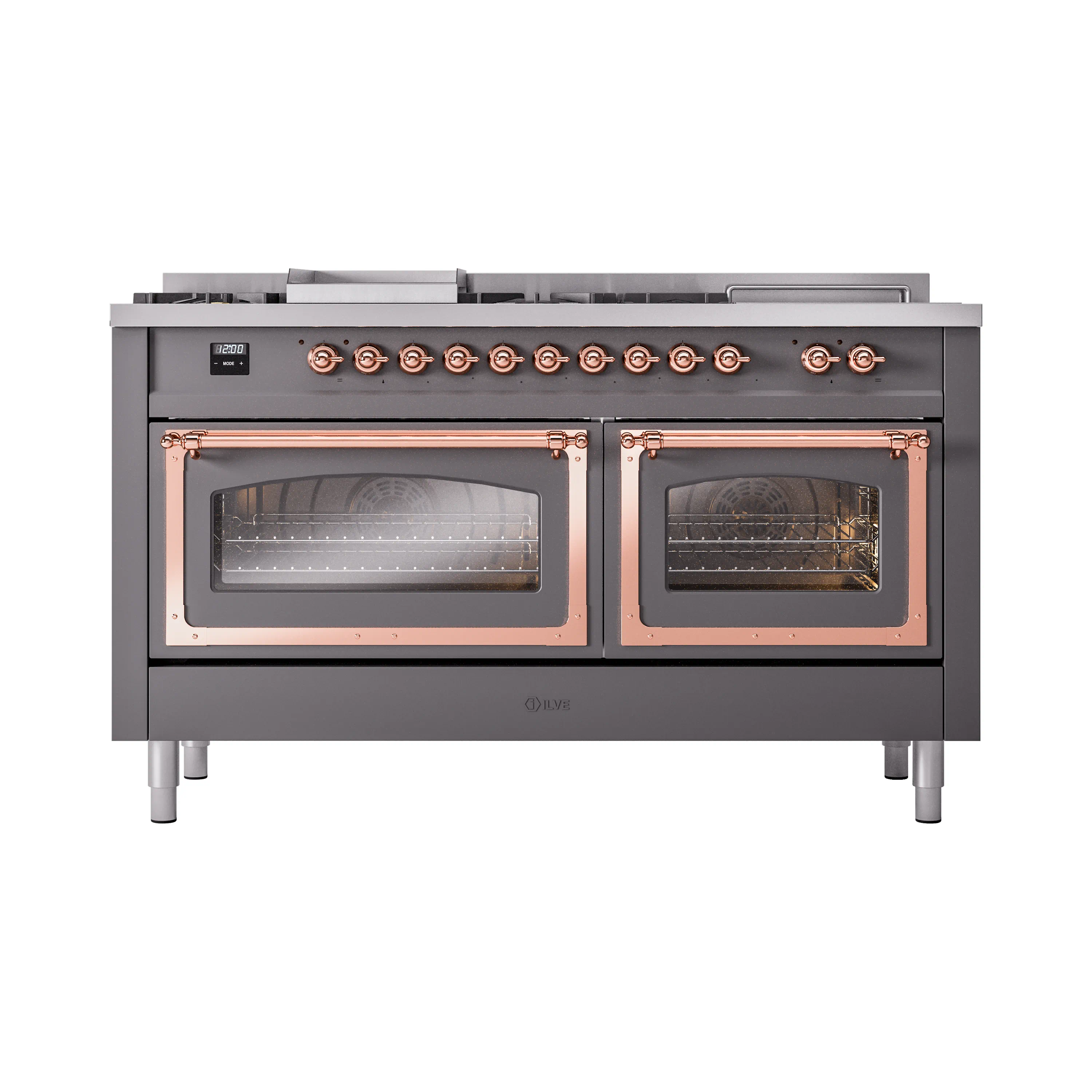 ILVE 60-Inch Nostalgie II Noblesse Natural Gas Dual Fuel Range with 7 Sealed Burners, Griddle, French Top, and Triple Glass Door Oven in Matte Graphite with Copper Trim (UN60FSNMPMGP) - Image 2