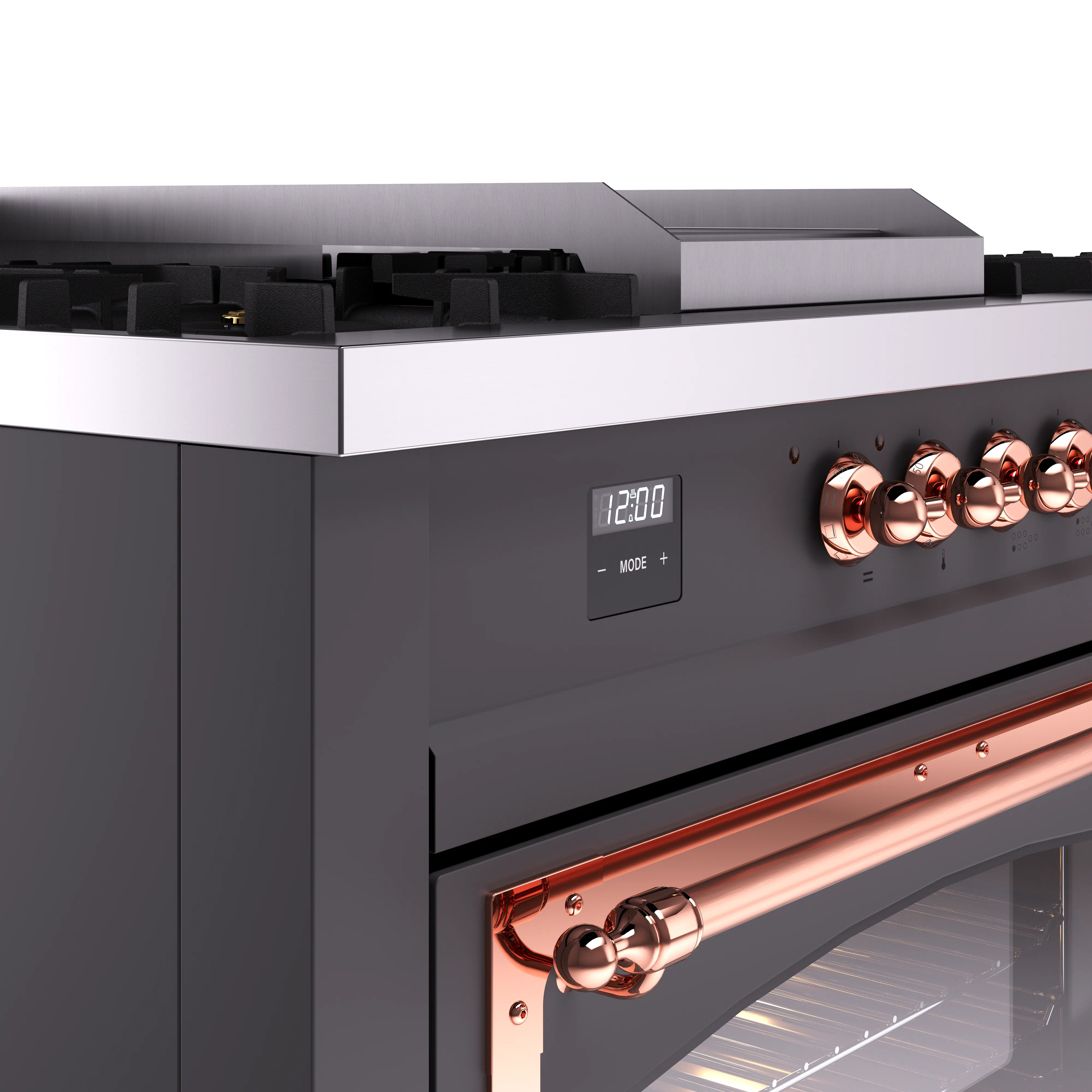 ILVE 60-Inch Nostalgie II Noblesse Natural Gas Dual Fuel Range with 7 Sealed Burners, Griddle, French Top, and Triple Glass Door Oven in Matte Graphite with Copper Trim (UN60FSNMPMGP) - Image 3