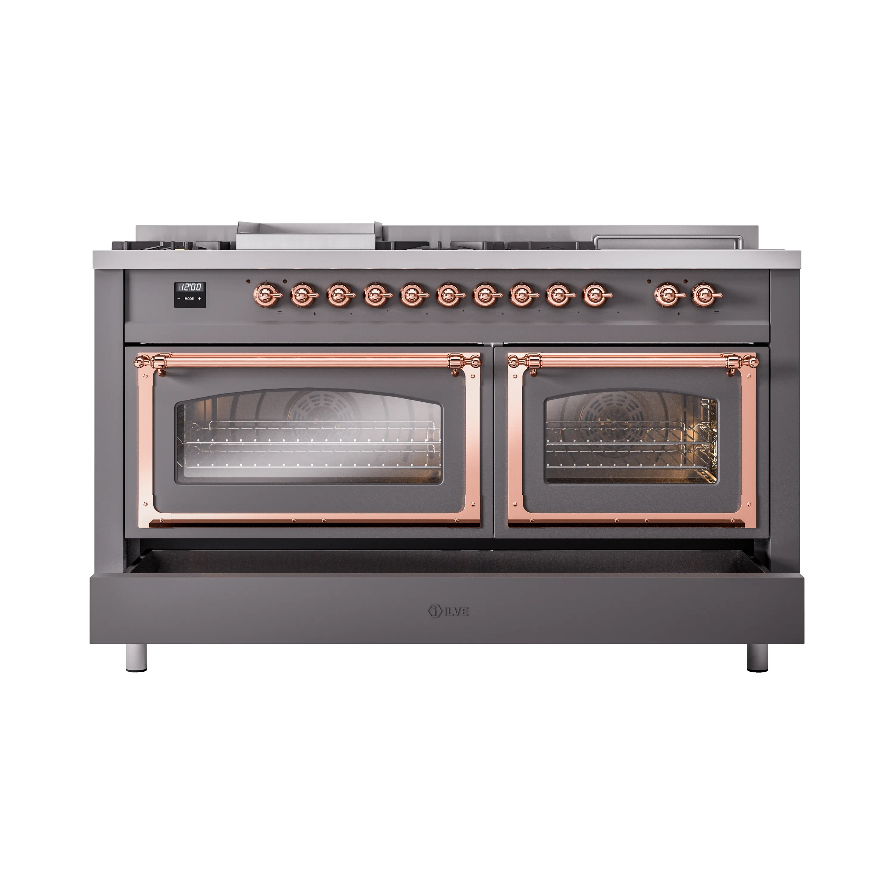 ILVE 60-Inch Nostalgie II Noblesse Natural Gas Dual Fuel Range with 7 Sealed Burners, Griddle, French Top, and Triple Glass Door Oven in Matte Graphite with Copper Trim (UN60FSNMPMGP) - Image 6
