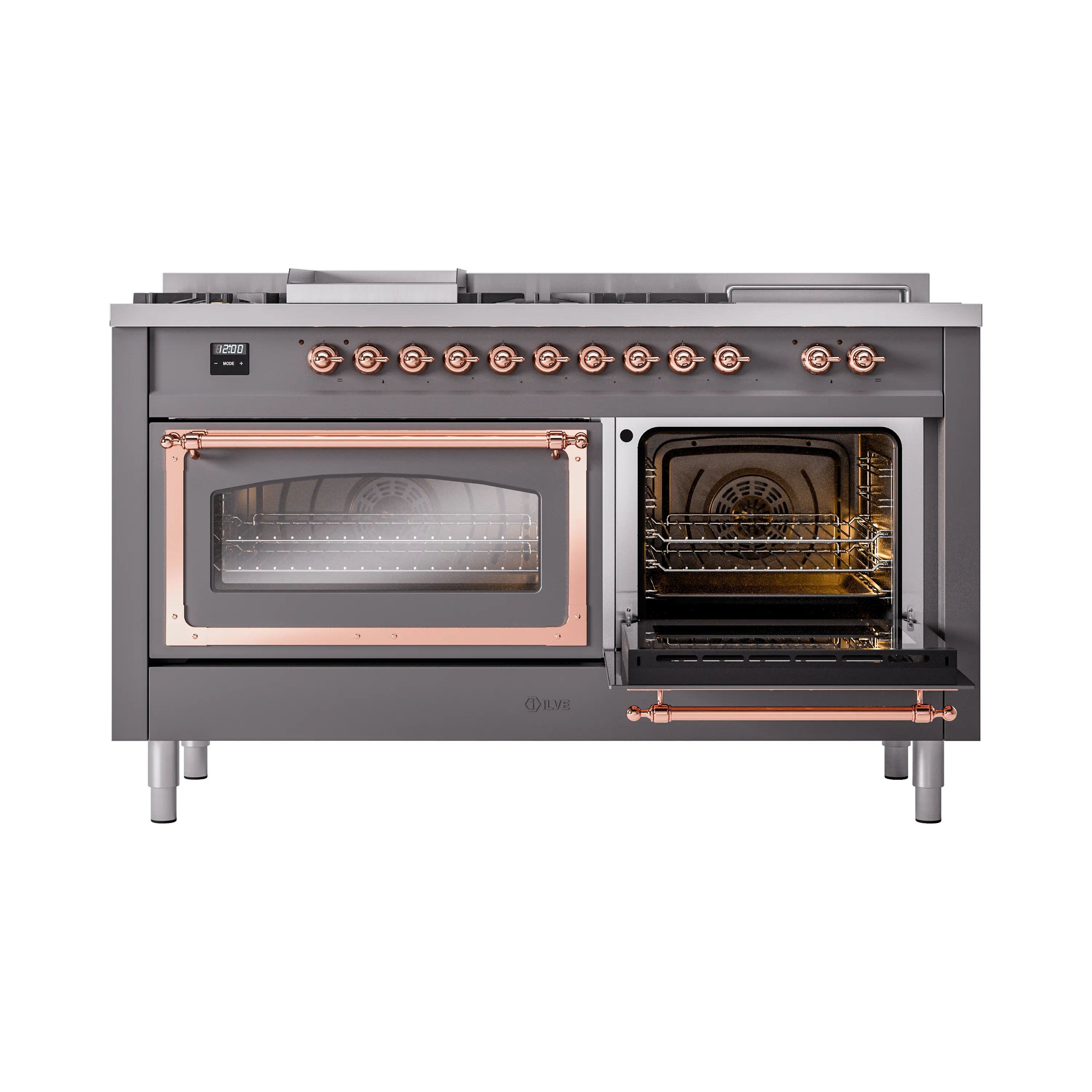 ILVE 60-Inch Nostalgie II Noblesse Natural Gas Dual Fuel Range with 7 Sealed Burners, Griddle, French Top, and Triple Glass Door Oven in Matte Graphite with Copper Trim (UN60FSNMPMGP) - Image 7