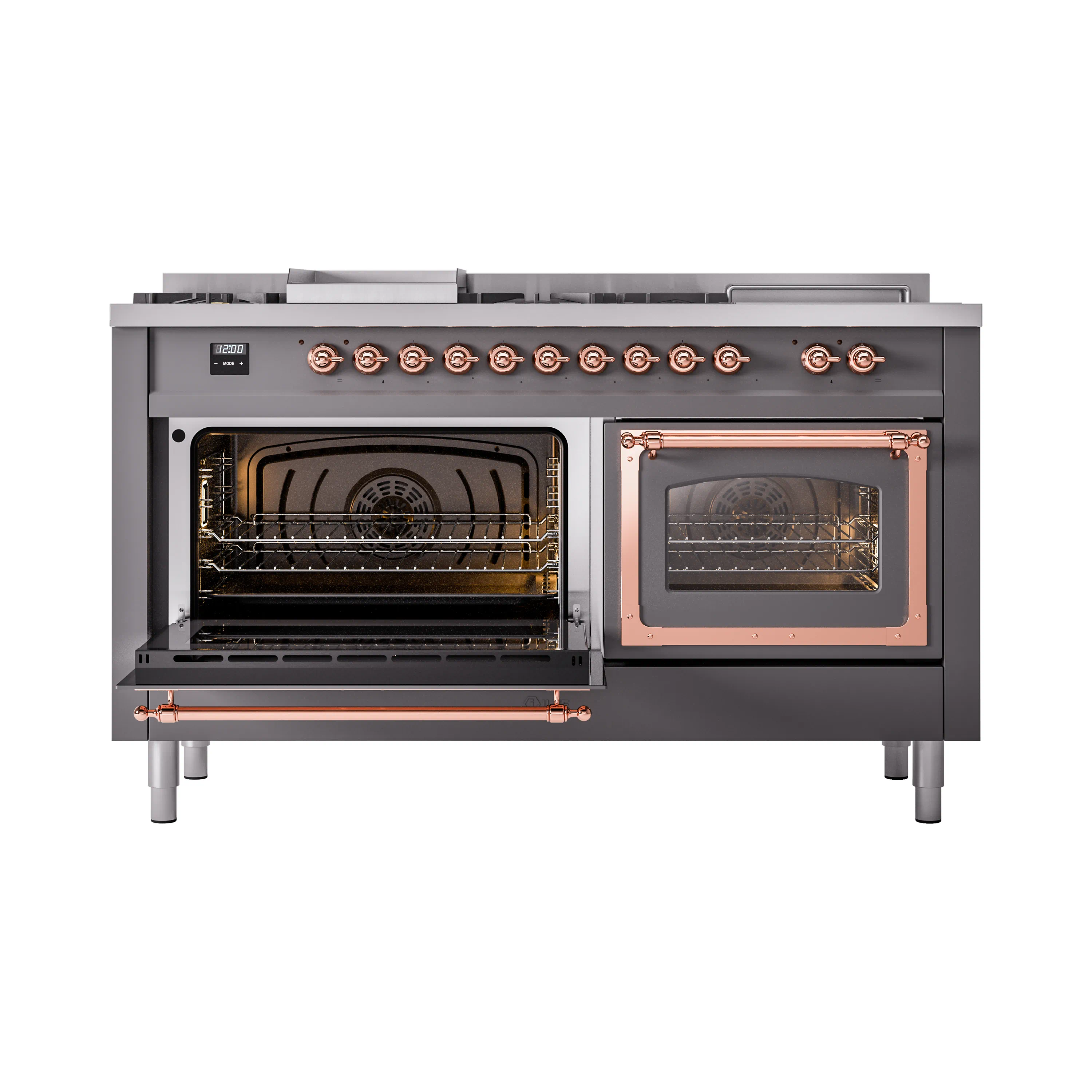 ILVE 60-Inch Nostalgie II Noblesse Natural Gas Dual Fuel Range with 7 Sealed Burners, Griddle, French Top, and Triple Glass Door Oven in Matte Graphite with Copper Trim (UN60FSNMPMGP) - Image 8