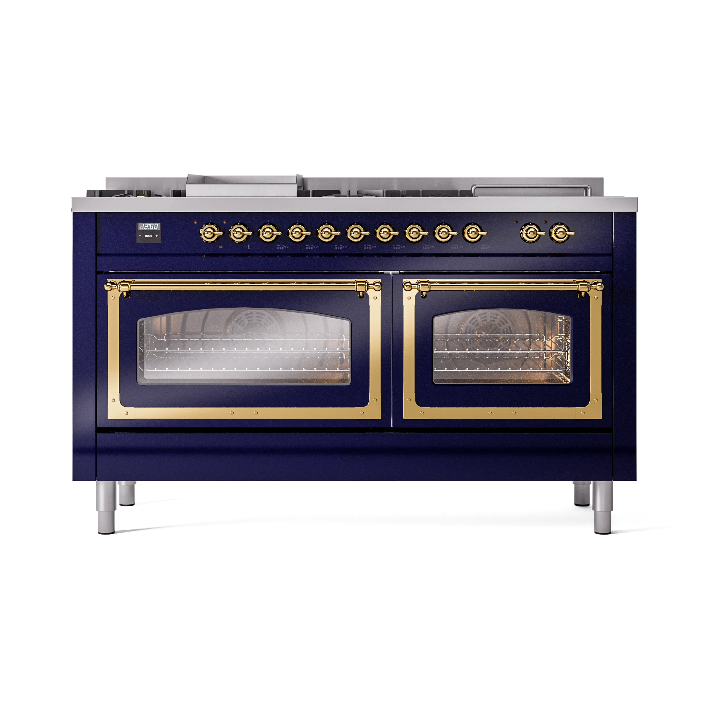 ILVE 60-Inch Nostalgie II Noblesse Natural Gas Dual Fuel Range with 7 Sealed Burners, Griddle, French Top, and Triple Glass Door Oven in Midnight Blue with Brass Trim (UN60FSNMPMBG) - Image 2
