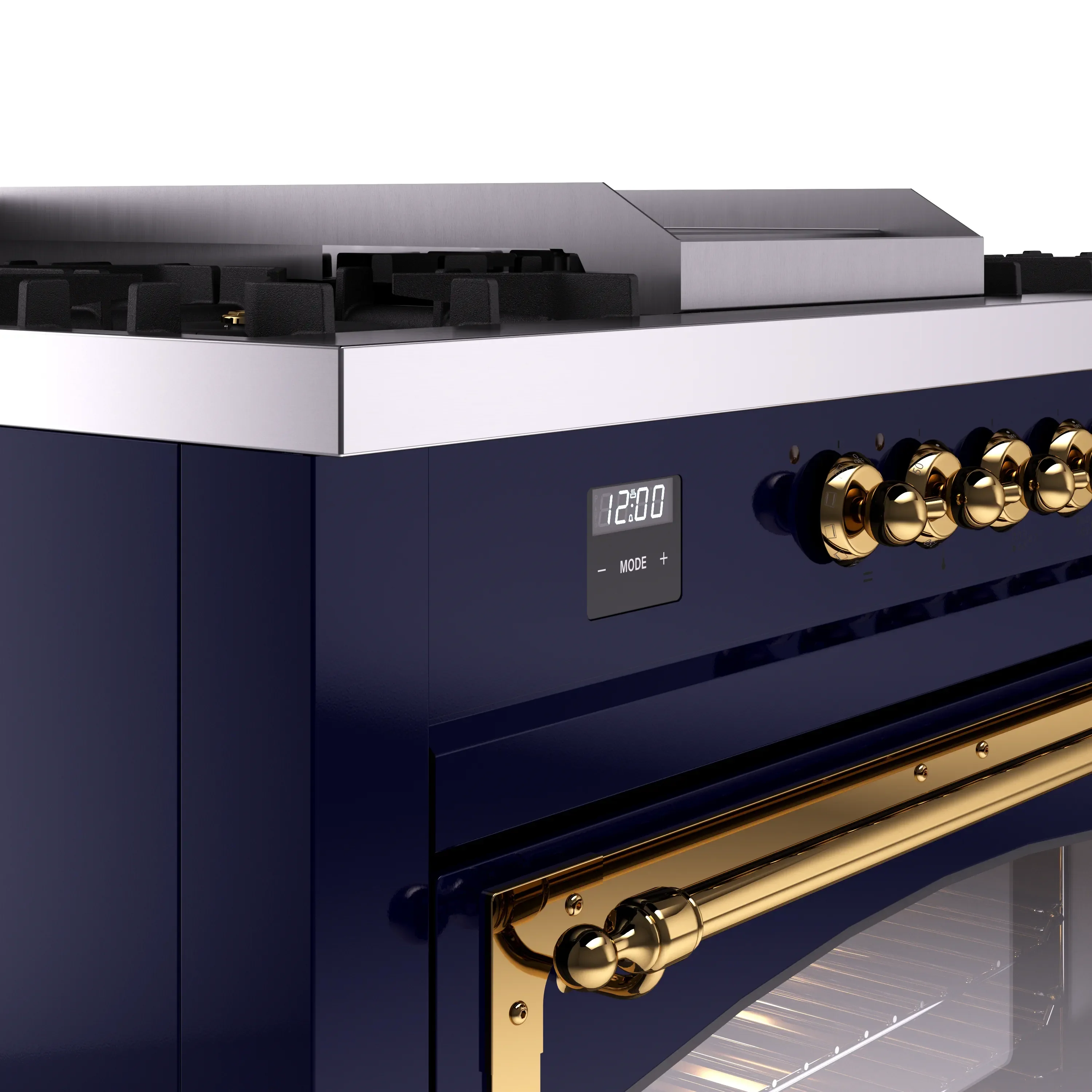 ILVE 60-Inch Nostalgie II Noblesse Natural Gas Dual Fuel Range with 7 Sealed Burners, Griddle, French Top, and Triple Glass Door Oven in Midnight Blue with Brass Trim (UN60FSNMPMBG) - Image 3