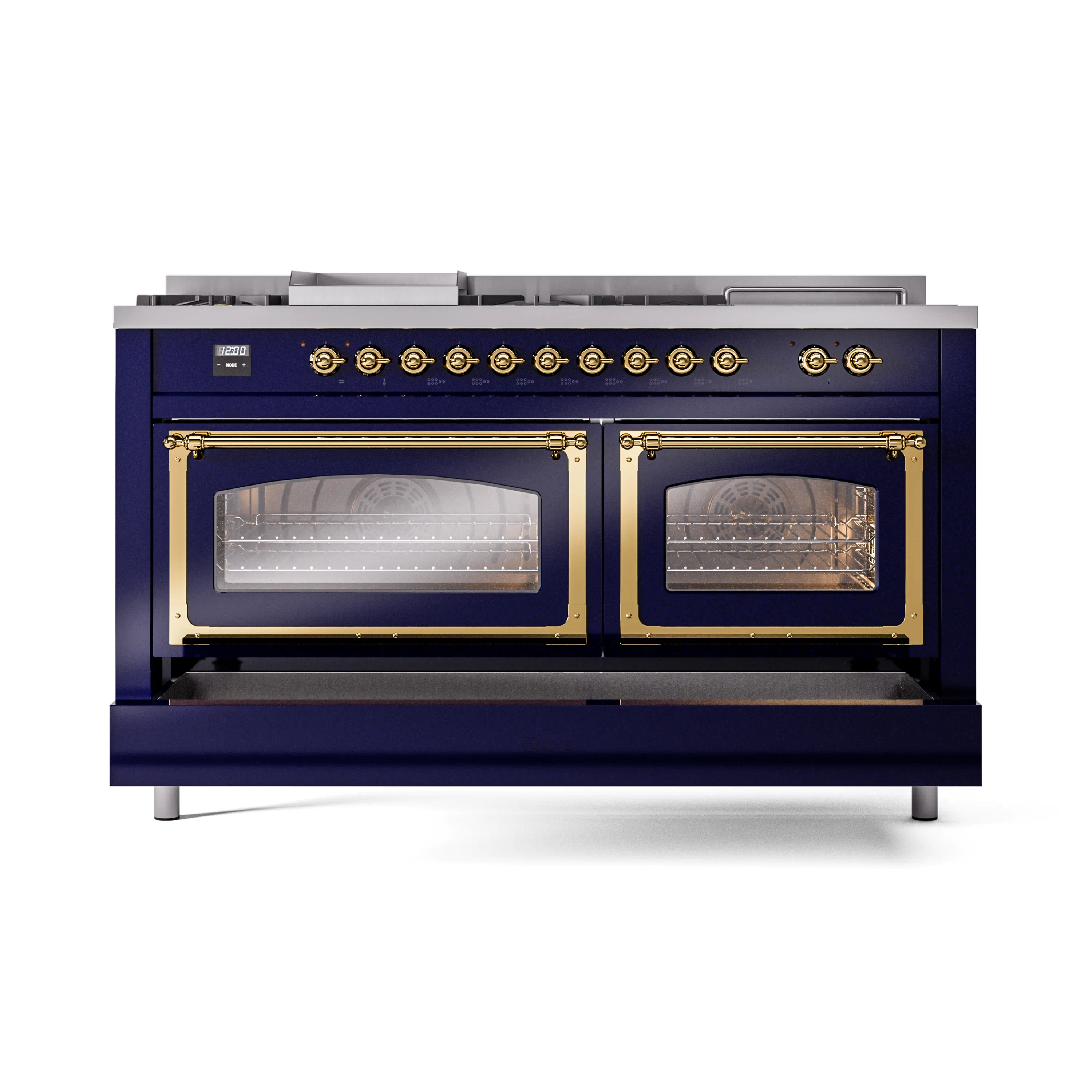 ILVE 60-Inch Nostalgie II Noblesse Natural Gas Dual Fuel Range with 7 Sealed Burners, Griddle, French Top, and Triple Glass Door Oven in Midnight Blue with Brass Trim (UN60FSNMPMBG) - Image 6