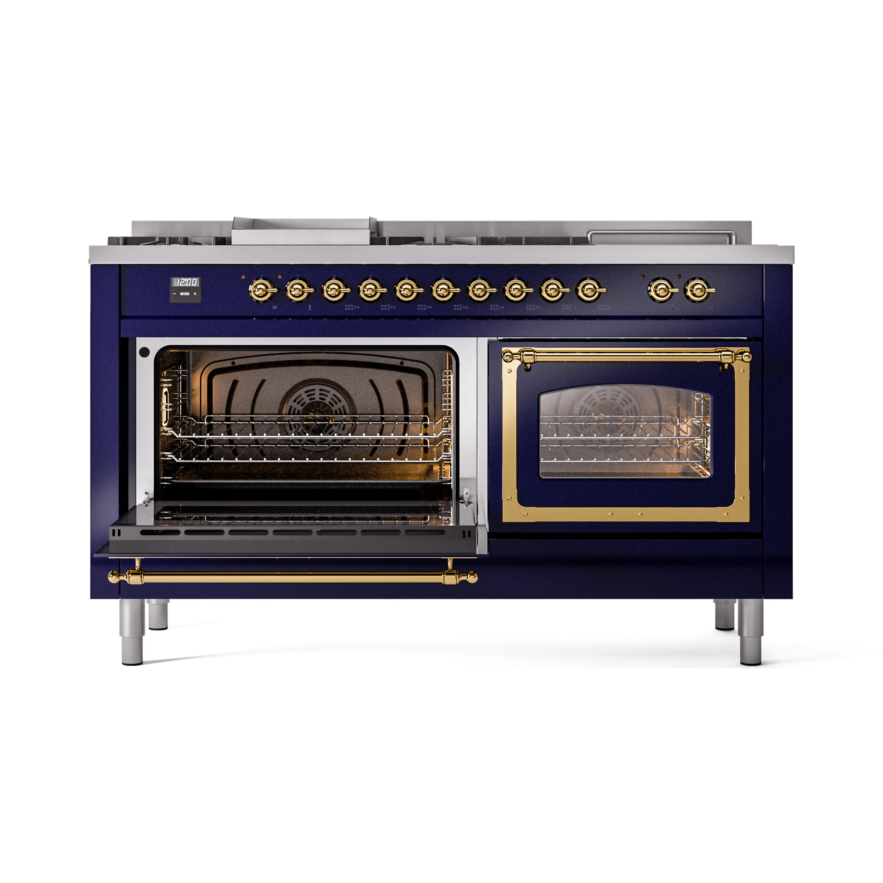 ILVE 60-Inch Nostalgie II Noblesse Natural Gas Dual Fuel Range with 7 Sealed Burners, Griddle, French Top, and Triple Glass Door Oven in Midnight Blue with Brass Trim (UN60FSNMPMBG) - Image 7