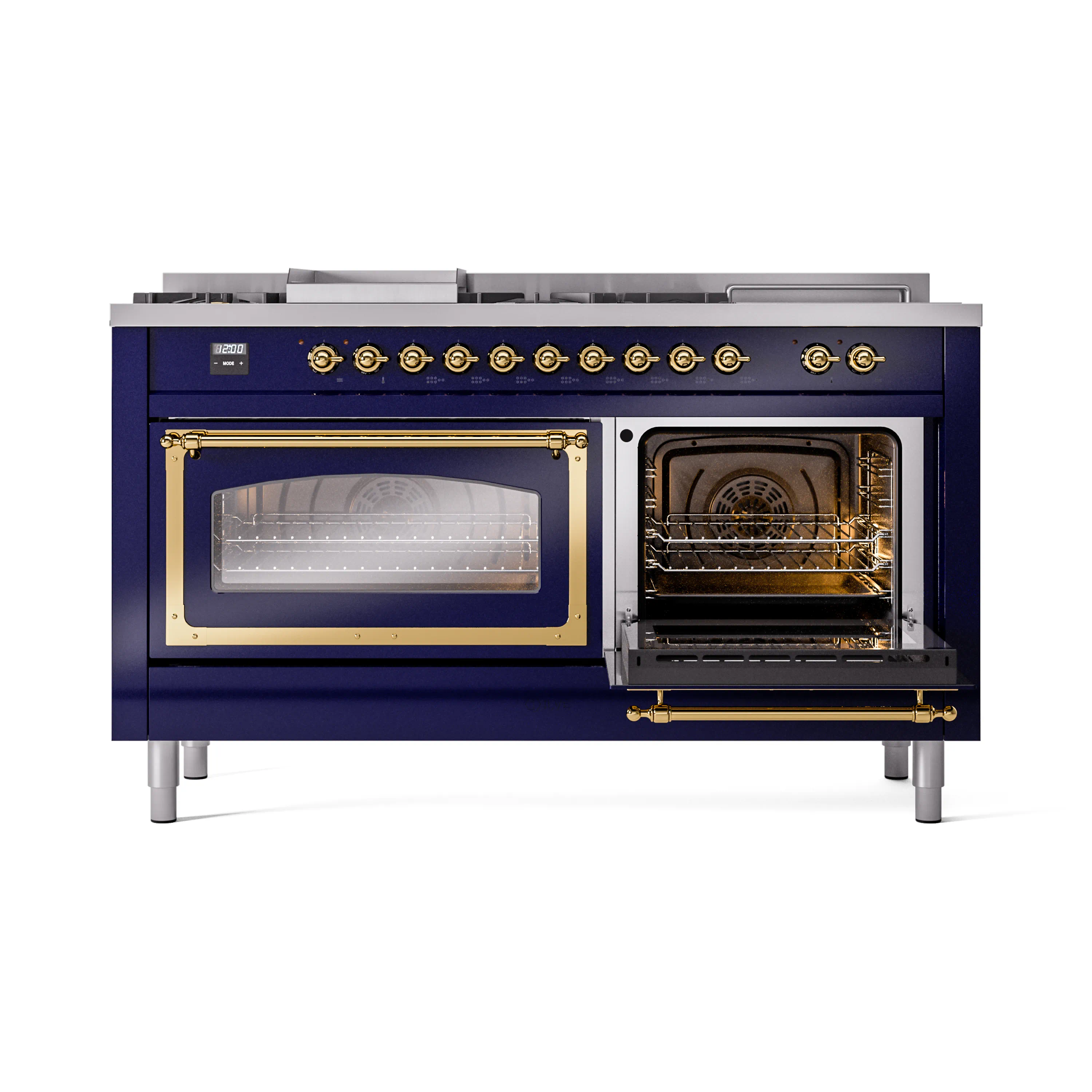 ILVE 60-Inch Nostalgie II Noblesse Natural Gas Dual Fuel Range with 7 Sealed Burners, Griddle, French Top, and Triple Glass Door Oven in Midnight Blue with Brass Trim (UN60FSNMPMBG) - Image 8