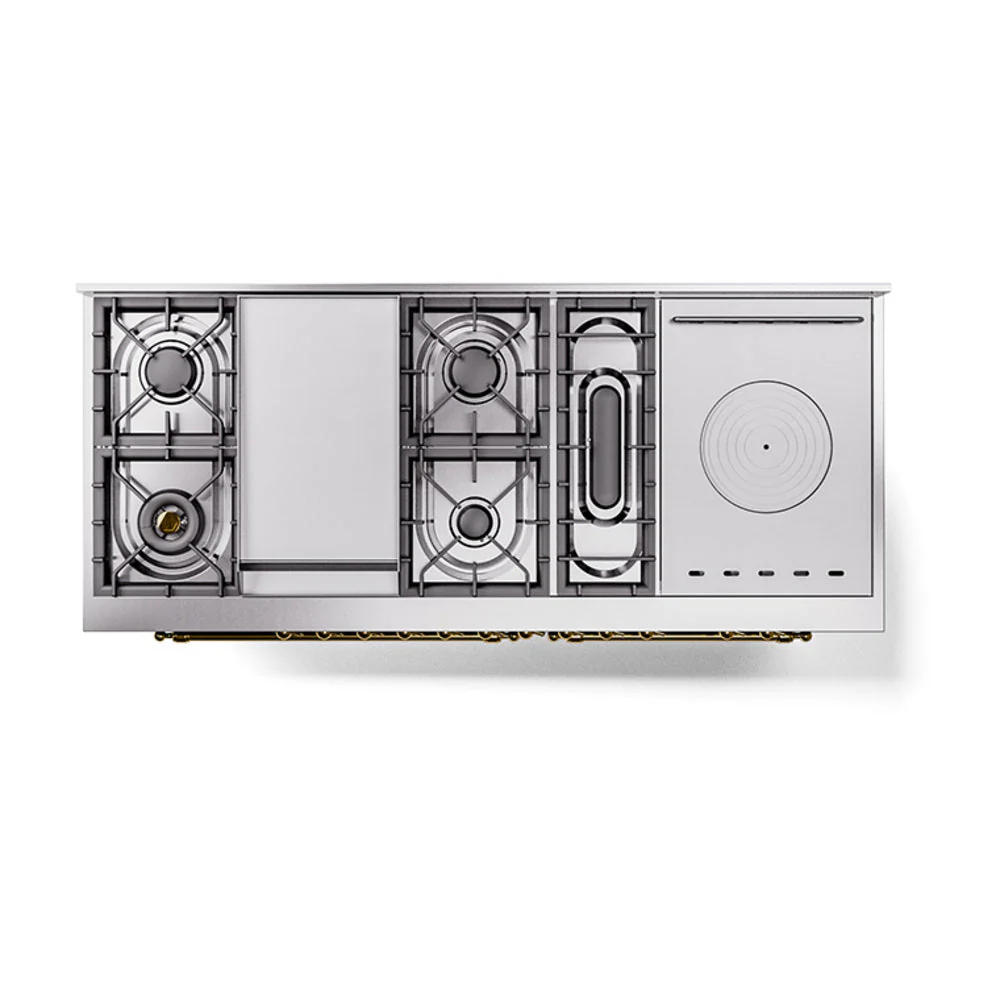 ILVE 60-Inch Nostalgie II Noblesse Natural Gas Dual Fuel Range with 7 Sealed Burners, Griddle, French Top, and Solid Door Oven in Midnight Blue with Brass Trim (UN60FSQNMPMBG) - Image 3