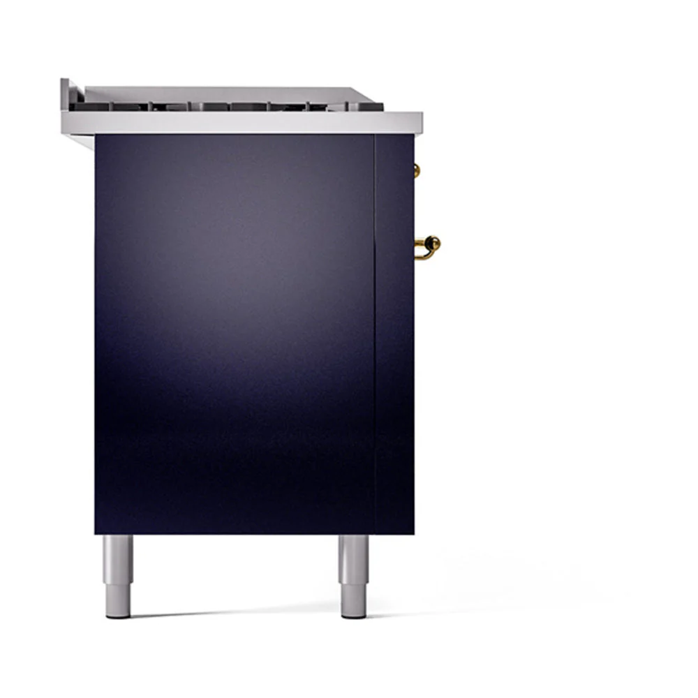 ILVE 60-Inch Nostalgie II Noblesse Natural Gas Dual Fuel Range with 7 Sealed Burners, Griddle, French Top, and Solid Door Oven in Midnight Blue with Brass Trim (UN60FSQNMPMBG) - Image 4