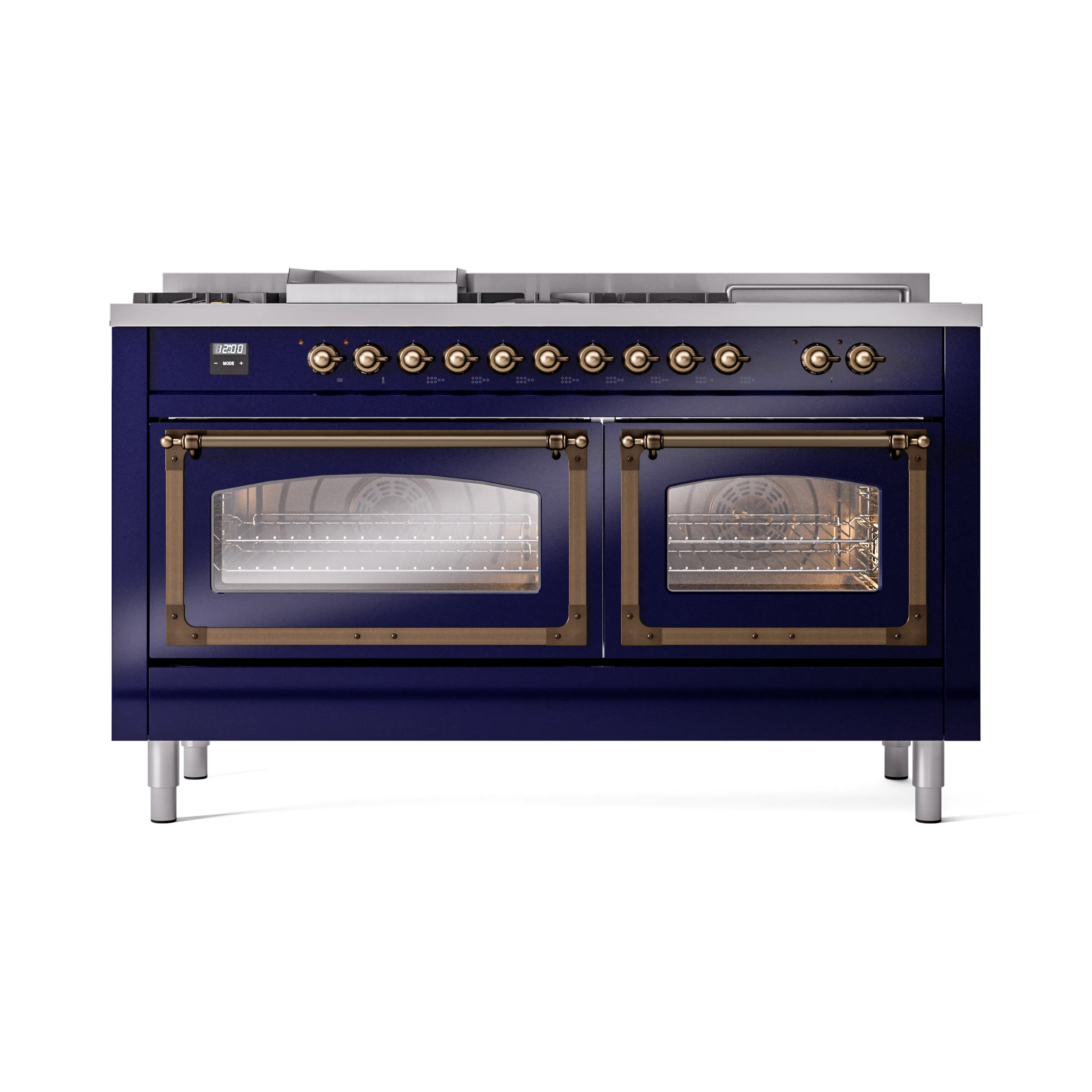 ILVE 60-Inch Nostalgie II Noblesse Natural Gas Dual Fuel Range with 7 Sealed Burners, Griddle, French Top, and Triple Glass Door Oven in Midnight Blue with Bronze Trim (UN60FSNMPMBB) - Image 2