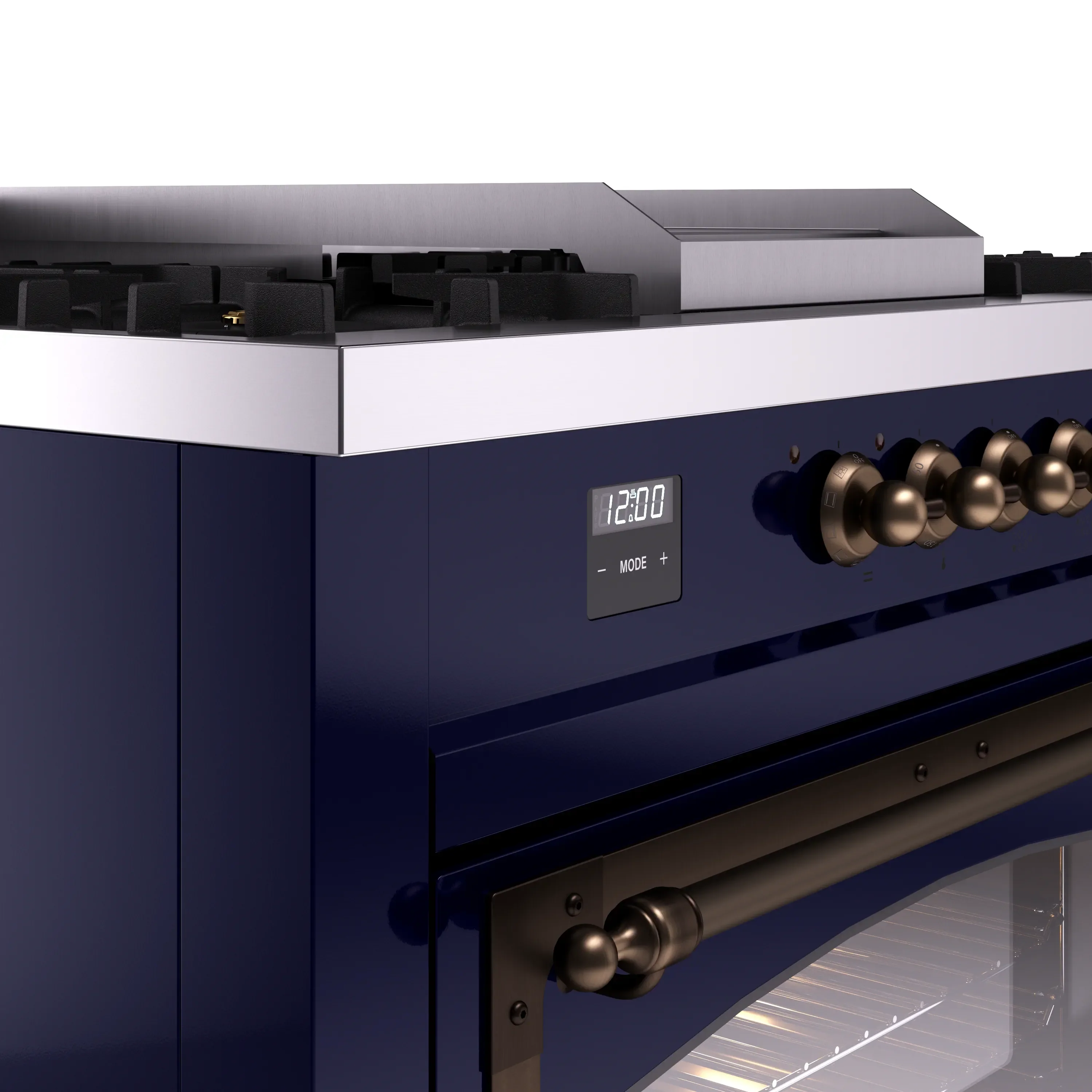 ILVE 60-Inch Nostalgie II Noblesse Natural Gas Dual Fuel Range with 7 Sealed Burners, Griddle, French Top, and Triple Glass Door Oven in Midnight Blue with Bronze Trim (UN60FSNMPMBB) - Image 3