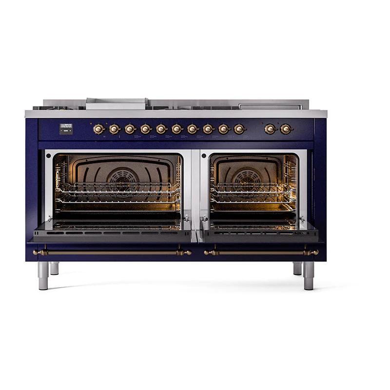 ILVE 60-Inch Nostalgie II Noblesse Natural Gas Dual Fuel Range with 7 Sealed Burners, Griddle, French Top, and Triple Glass Door Oven in Midnight Blue with Bronze Trim (UN60FSNMPMBB) - Image 5