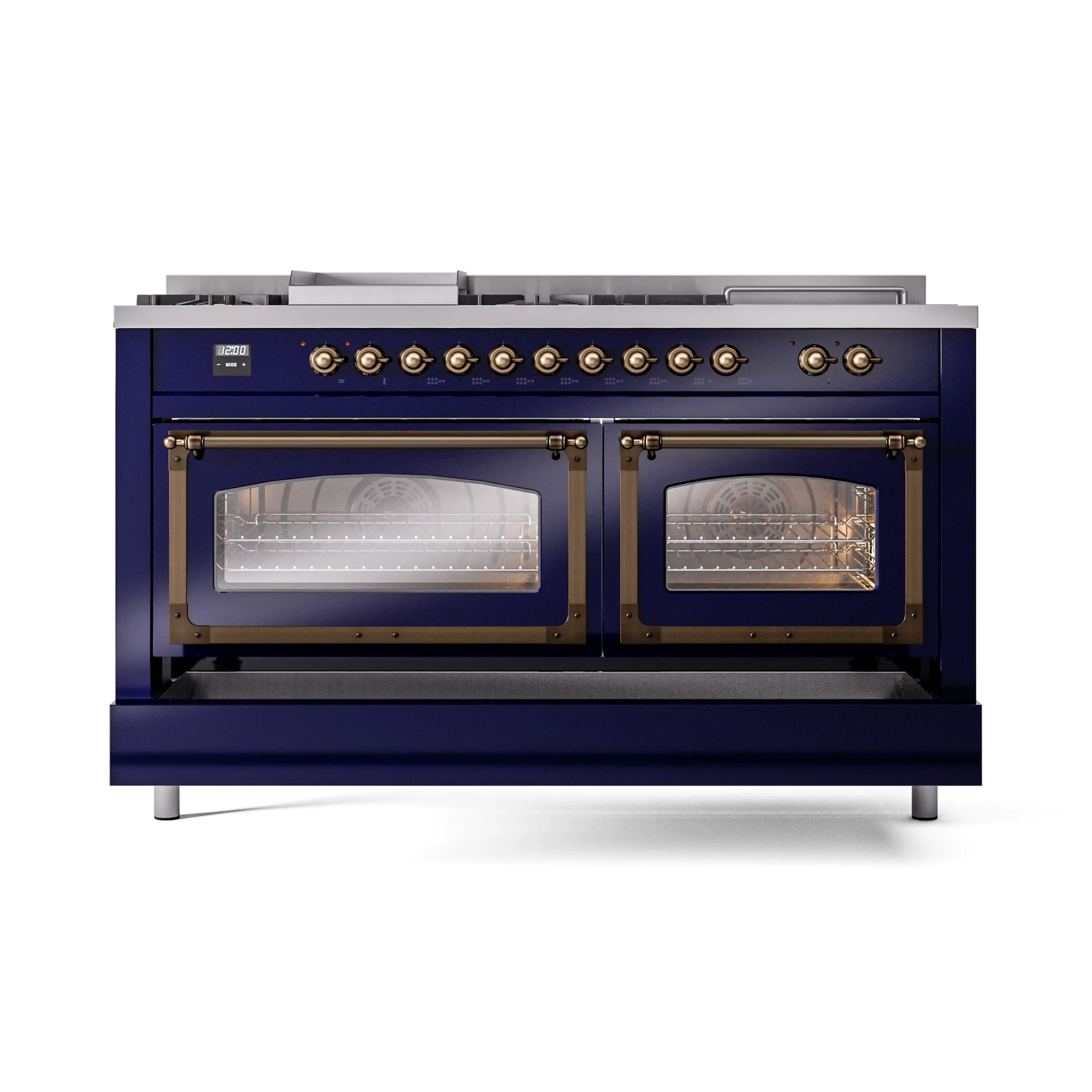 ILVE 60-Inch Nostalgie II Noblesse Natural Gas Dual Fuel Range with 7 Sealed Burners, Griddle, French Top, and Triple Glass Door Oven in Midnight Blue with Bronze Trim (UN60FSNMPMBB) - Image 6