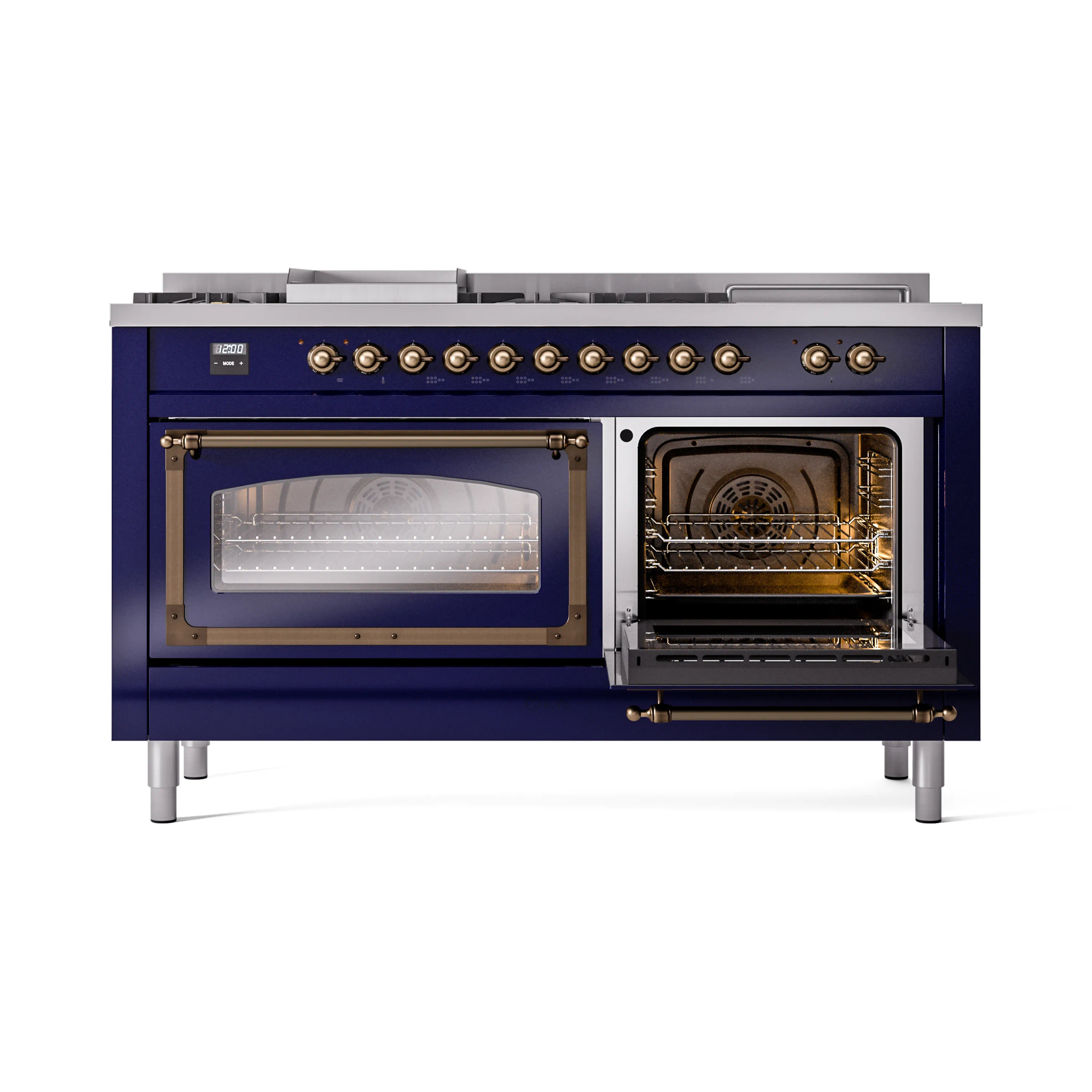 ILVE 60-Inch Nostalgie II Noblesse Natural Gas Dual Fuel Range with 7 Sealed Burners, Griddle, French Top, and Triple Glass Door Oven in Midnight Blue with Bronze Trim (UN60FSNMPMBB) - Image 7