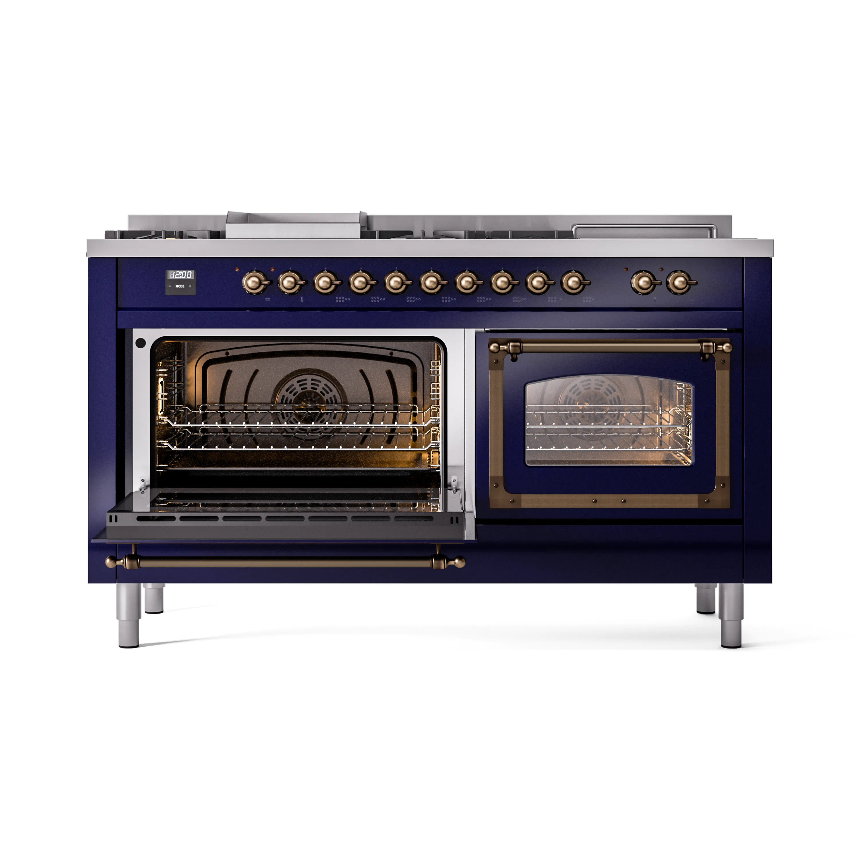 ILVE 60-Inch Nostalgie II Noblesse Natural Gas Dual Fuel Range with 7 Sealed Burners, Griddle, French Top, and Triple Glass Door Oven in Midnight Blue with Bronze Trim (UN60FSNMPMBB) - Image 8