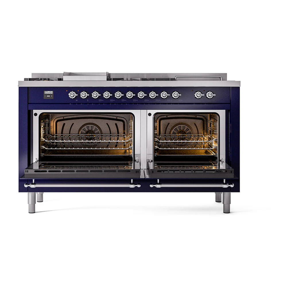 ILVE 60-Inch Nostalgie II Noblesse Natural Gas Dual Fuel Range with 7 Sealed Burners, Gridlde, French Top, and Solid Door Oven in Midnight Blue with Chrome Trim (UN60FSQNMPMBC) - Image 2