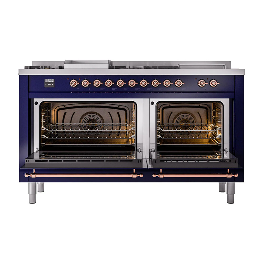 ILVE 60-Inch Nostalgie II Noblesse Natural Gas Dual Fuel Range with 7 Sealed Burners, Griddle, French Top, and Solid Door Oven in Midnight Blue with Copper Trim (UN60FSQNMPMBP) - Image 2