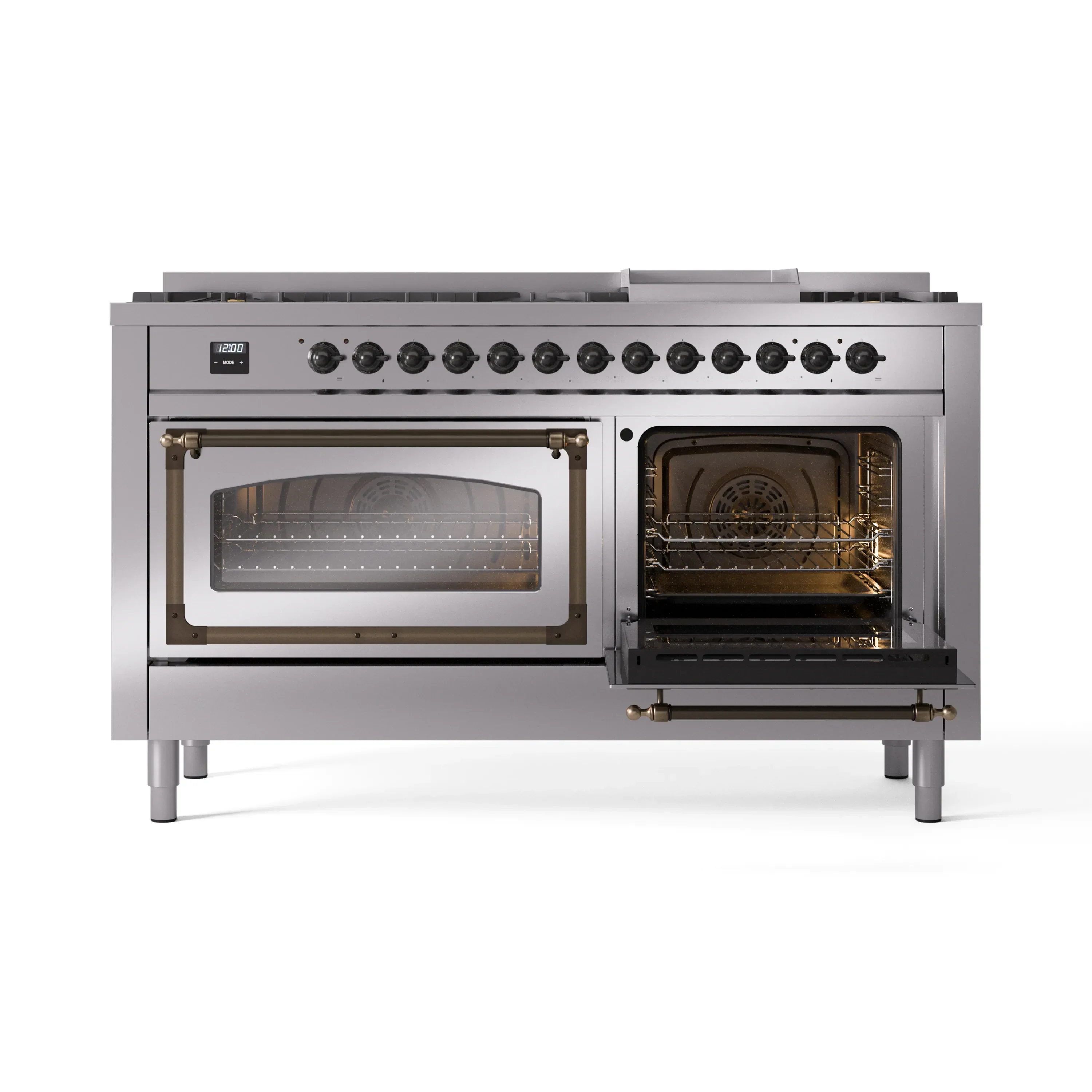 ILVE 60-Inch Nostalgie II Noblesse Natural Gas Dual Fuel Range   in Stainless Steel with Bronze Trim (UN60FNMPSSB) - Image 8