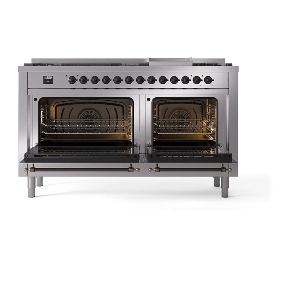 ILVE 60-Inch Nostalgie II Noblesse Natural Gas Dual Fuel Range with 9 Sealed Burners, Griddle, and Solid Door Oven in Stainless Steel with Bronze Trim (UN60FQNMPSSB) - Image 2