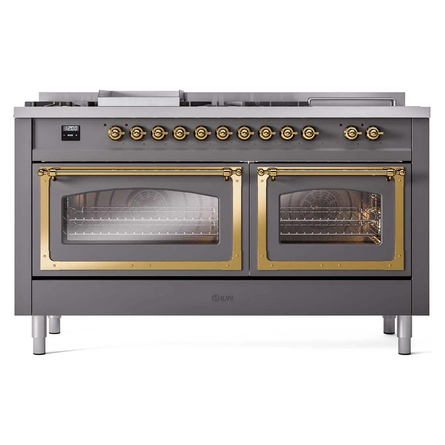 ILVE Nostalgie II Noblesse 60-Inch Dual Fuel Range with 7 Burners, Griddle, & French Top with Triple Glass Door Oven in Matte Graphite with Brass Trim (UN60FSNMPMGG) - Image 2