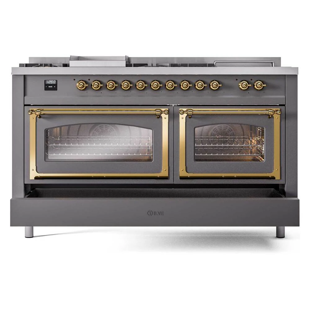 ILVE Nostalgie II Noblesse 60-Inch Dual Fuel Range with 7 Burners, Griddle, & French Top with Triple Glass Door Oven in Matte Graphite with Brass Trim (UN60FSNMPMGG) - Image 3