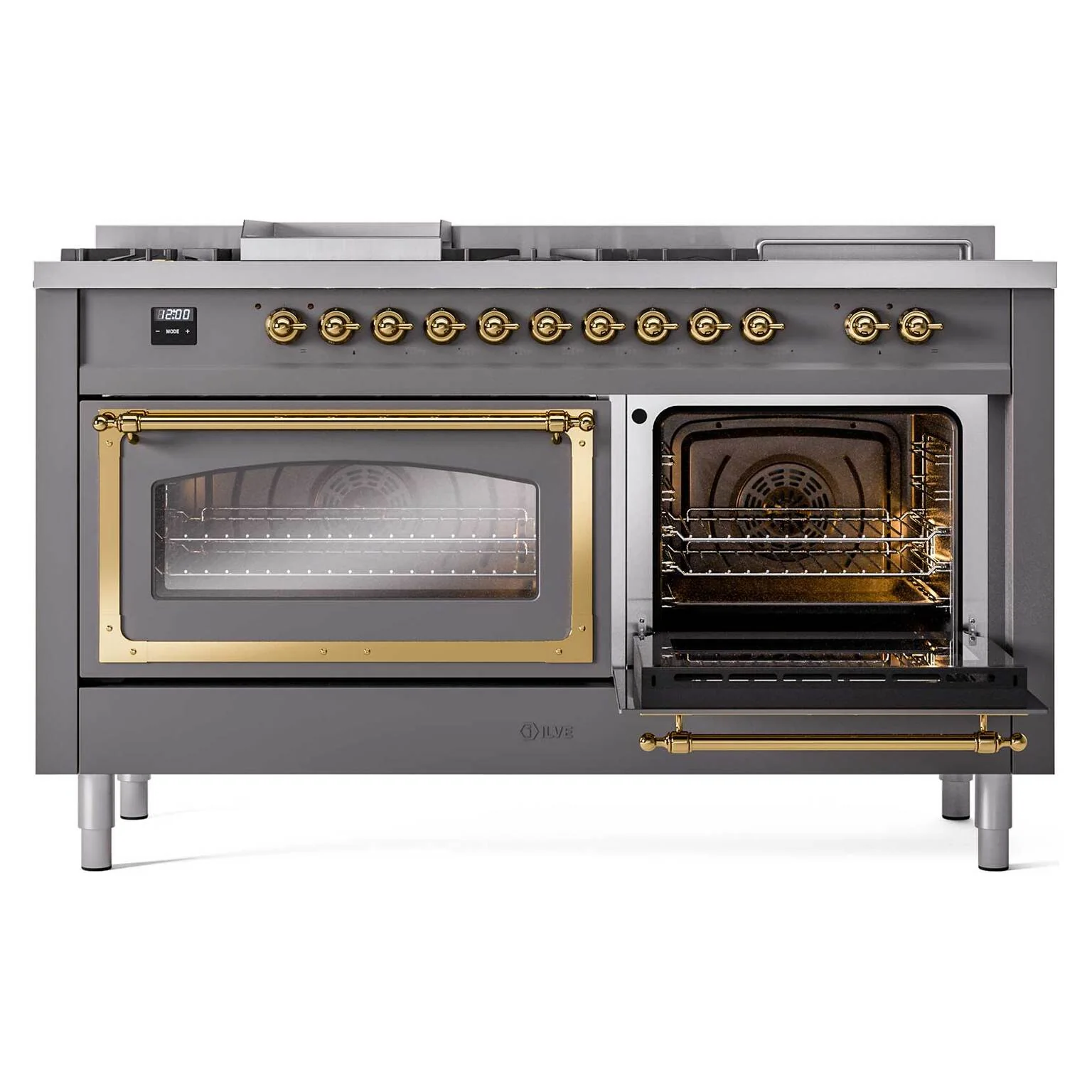 ILVE Nostalgie II Noblesse 60-Inch Dual Fuel Range with 7 Burners, Griddle, & French Top with Triple Glass Door Oven in Matte Graphite with Brass Trim (UN60FSNMPMGG) - Image 4