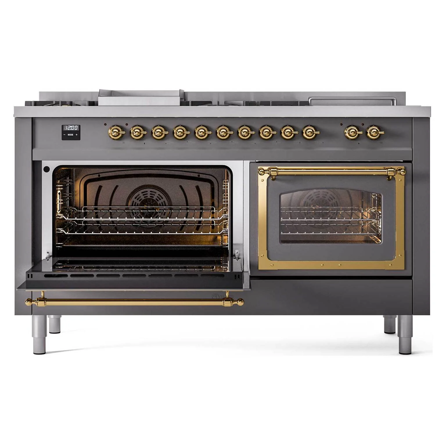 ILVE Nostalgie II Noblesse 60-Inch Dual Fuel Range with 7 Burners, Griddle, & French Top with Triple Glass Door Oven in Matte Graphite with Brass Trim (UN60FSNMPMGG) - Image 5