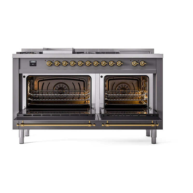 ILVE Nostalgie II Noblesse 60-Inch Dual Fuel Range with 7 Burners, Griddle, & French Top with Triple Glass Door Oven in Matte Graphite with Brass Trim (UN60FSNMPMGG) - Image 6