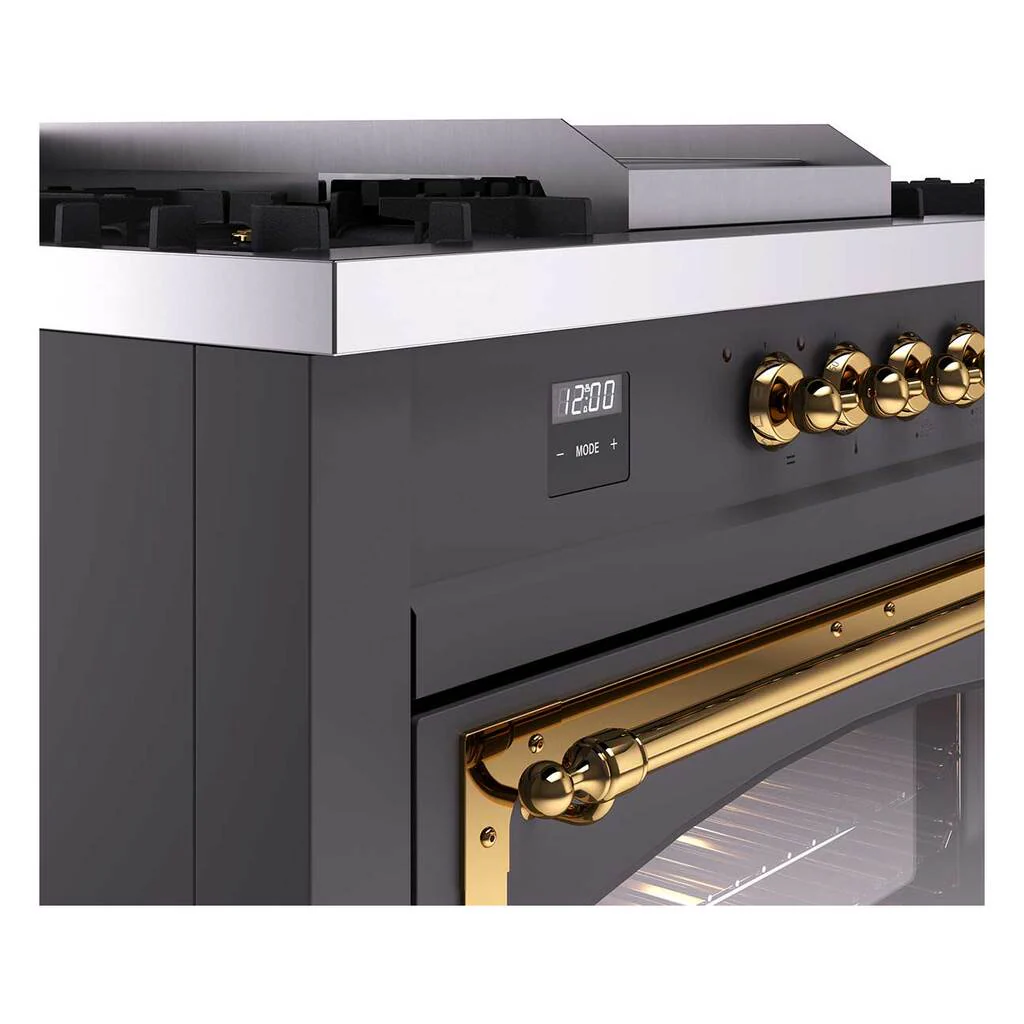 ILVE Nostalgie II Noblesse 60-Inch Dual Fuel Range with 7 Burners, Griddle, & French Top with Triple Glass Door Oven in Matte Graphite with Brass Trim (UN60FSNMPMGG) - Image 7