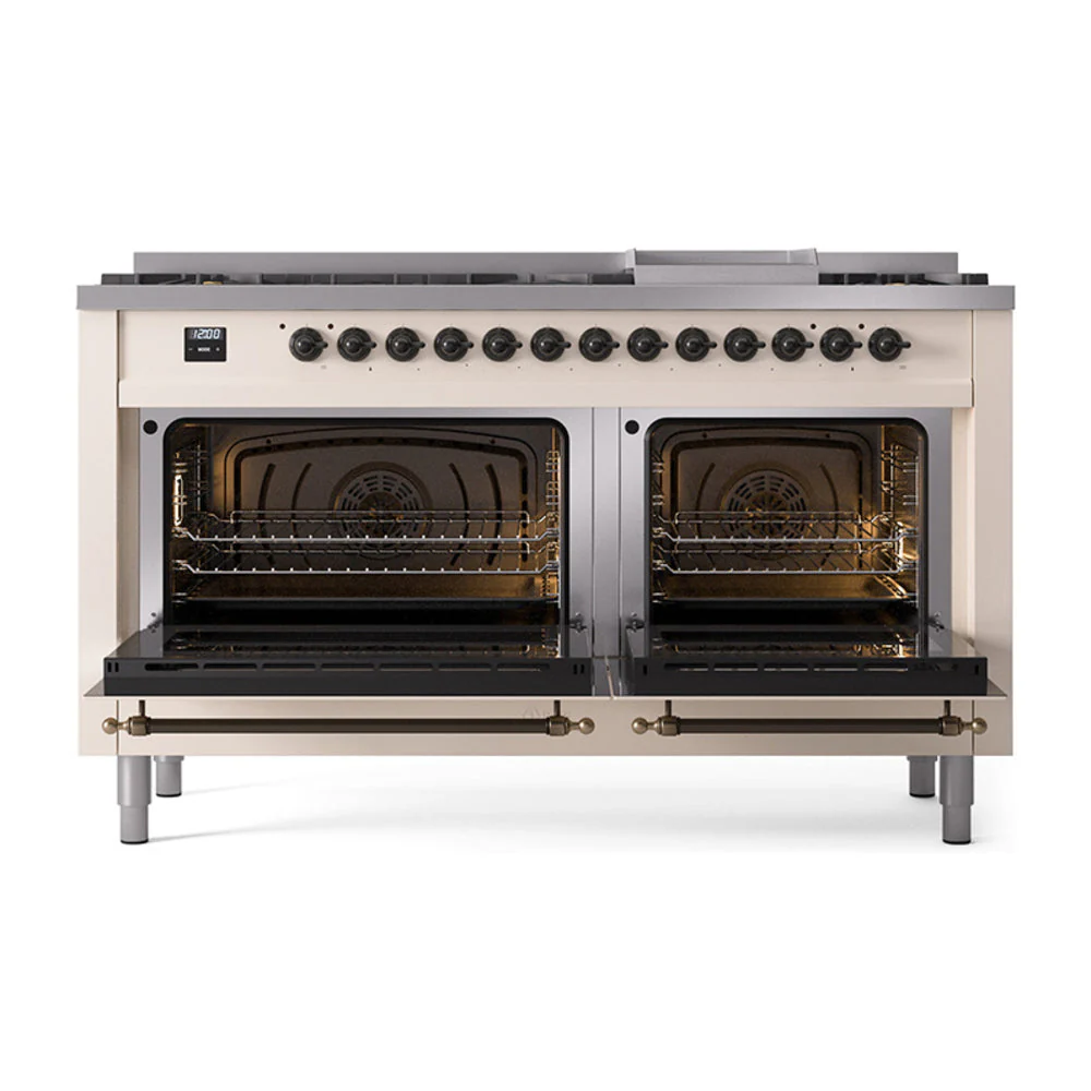 ILVE 60-Inch Nostalgie II Noblesse Propane Gas Dual Fuel Range with 9 Sealed Burners, Griddle, and Solid Door Oven in Antique White with Bronze Trim (UN60FQNMPAWBLP) - Image 2