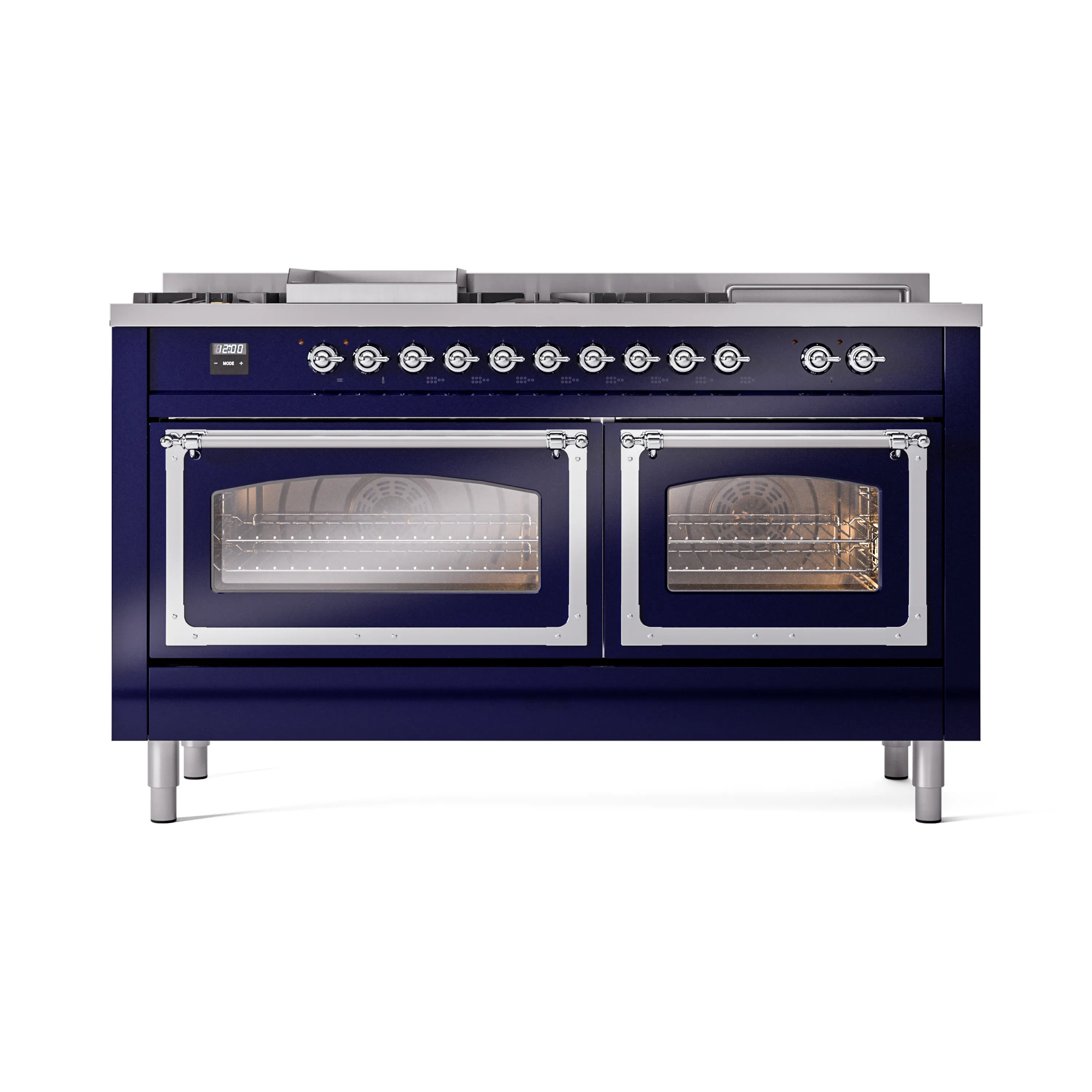 ILVE 60-Inch Nostalgie II Noblesse Propane Gas Dual Fuel Range with 7 Sealed Burners, Griddle, French Top, and Triple Glass Door Oven in Midnight Blue with Chrome Trim (UN60FSNMPMBCLP) - Image 2