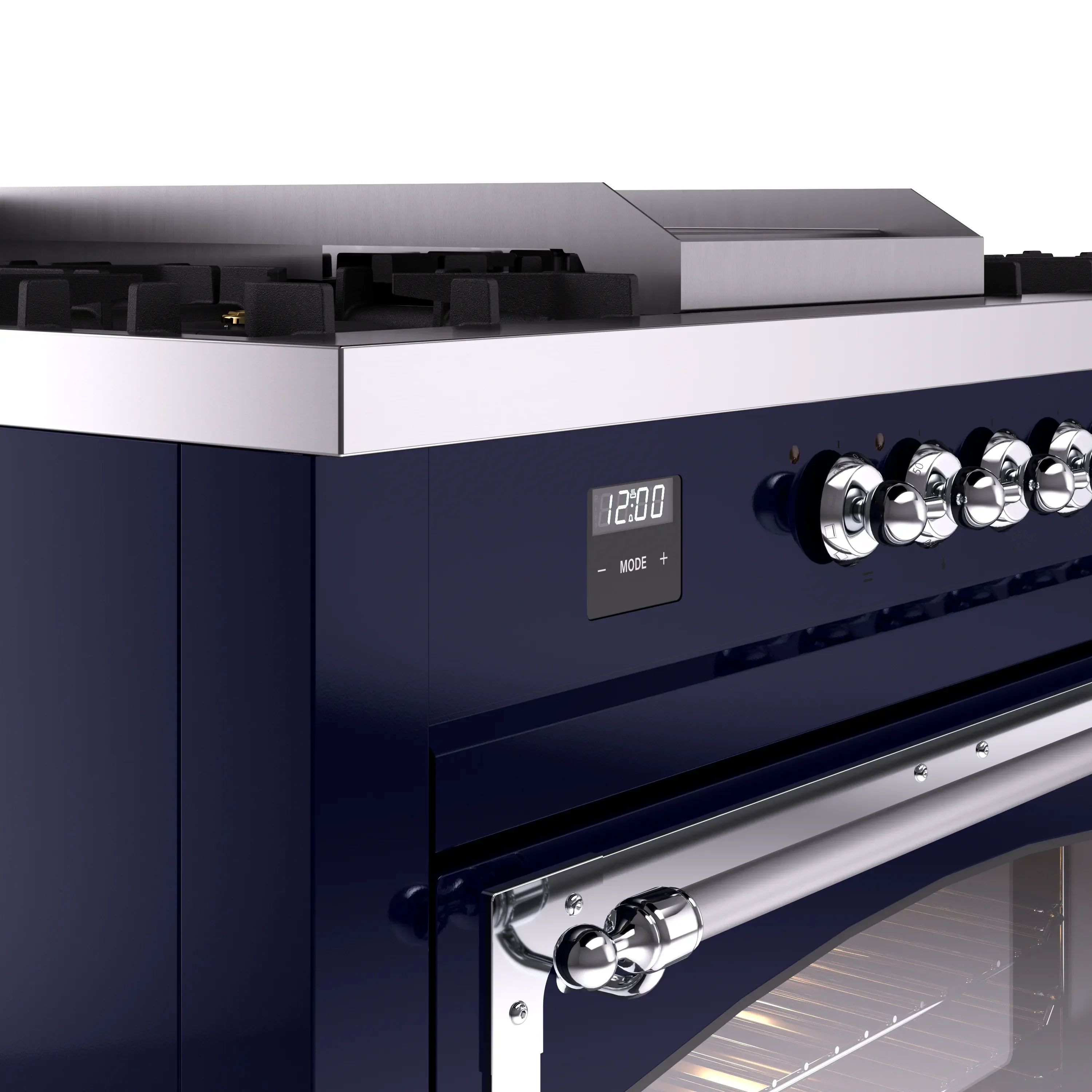 ILVE 60-Inch Nostalgie II Noblesse Propane Gas Dual Fuel Range with 7 Sealed Burners, Griddle, French Top, and Triple Glass Door Oven in Midnight Blue with Chrome Trim (UN60FSNMPMBCLP) - Image 3