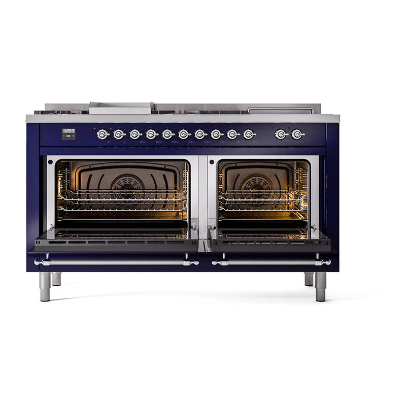 ILVE 60-Inch Nostalgie II Noblesse Propane Gas Dual Fuel Range with 7 Sealed Burners, Griddle, French Top, and Triple Glass Door Oven in Midnight Blue with Chrome Trim (UN60FSNMPMBCLP) - Image 5