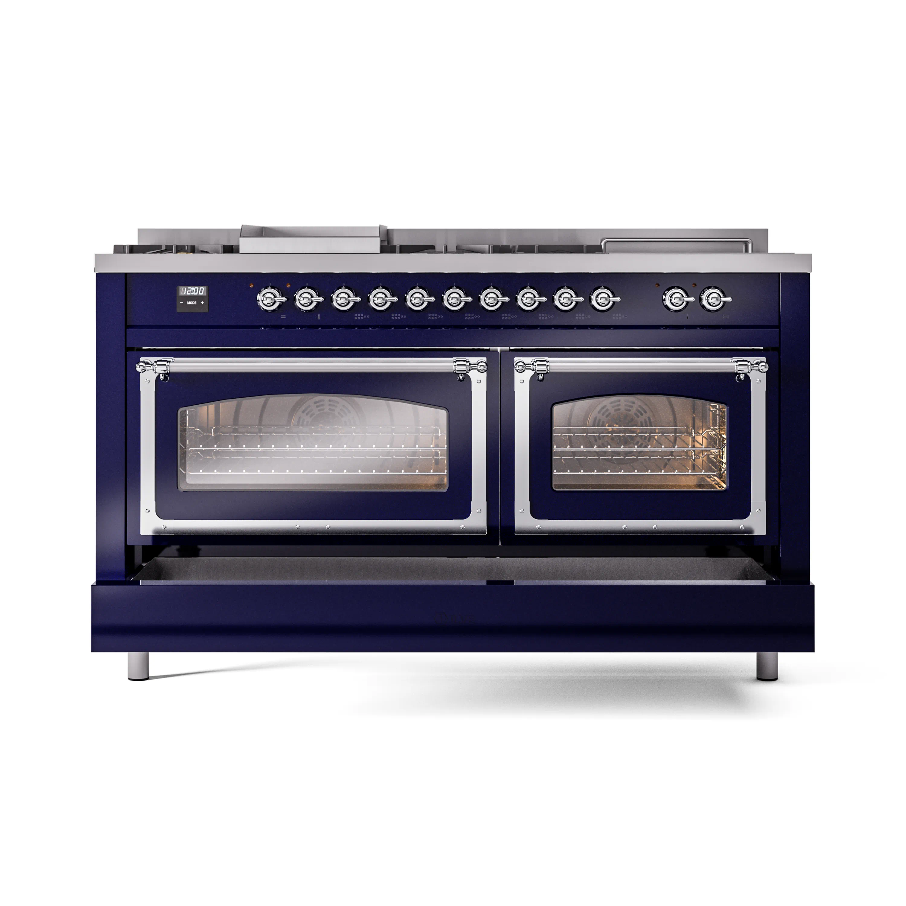ILVE 60-Inch Nostalgie II Noblesse Propane Gas Dual Fuel Range with 7 Sealed Burners, Griddle, French Top, and Triple Glass Door Oven in Midnight Blue with Chrome Trim (UN60FSNMPMBCLP) - Image 6
