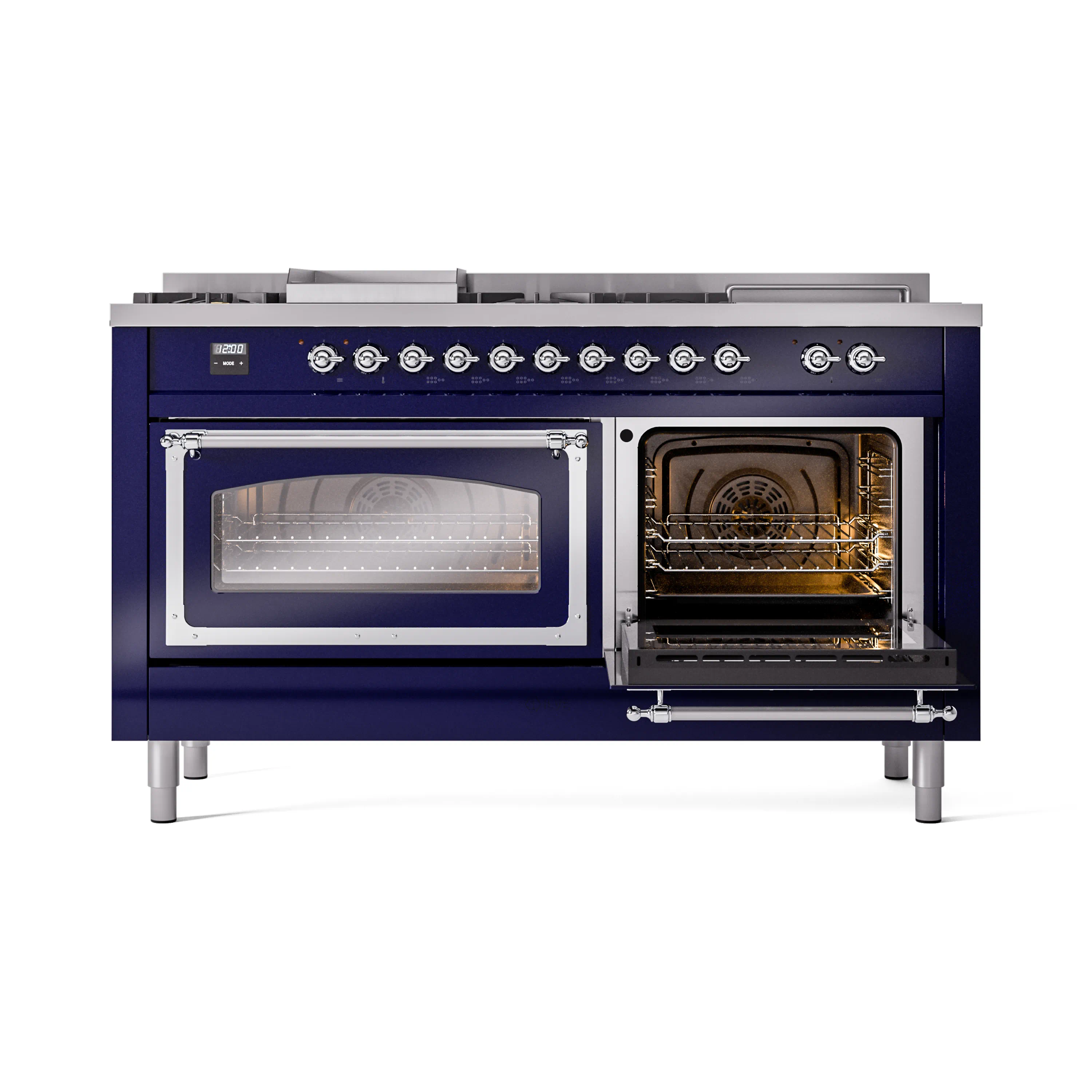 ILVE 60-Inch Nostalgie II Noblesse Propane Gas Dual Fuel Range with 7 Sealed Burners, Griddle, French Top, and Triple Glass Door Oven in Midnight Blue with Chrome Trim (UN60FSNMPMBCLP) - Image 7