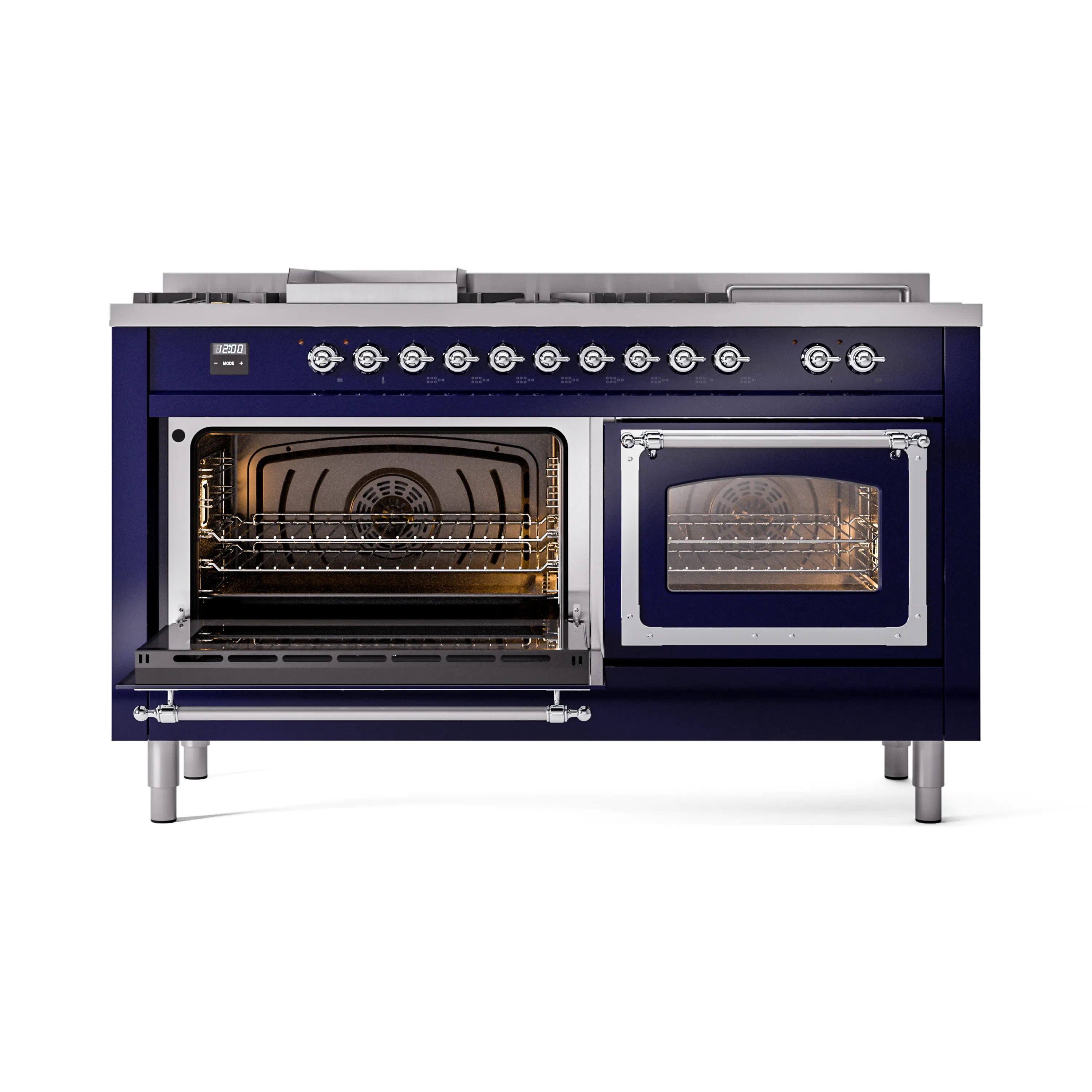 ILVE 60-Inch Nostalgie II Noblesse Propane Gas Dual Fuel Range with 7 Sealed Burners, Griddle, French Top, and Triple Glass Door Oven in Midnight Blue with Chrome Trim (UN60FSNMPMBCLP) - Image 8