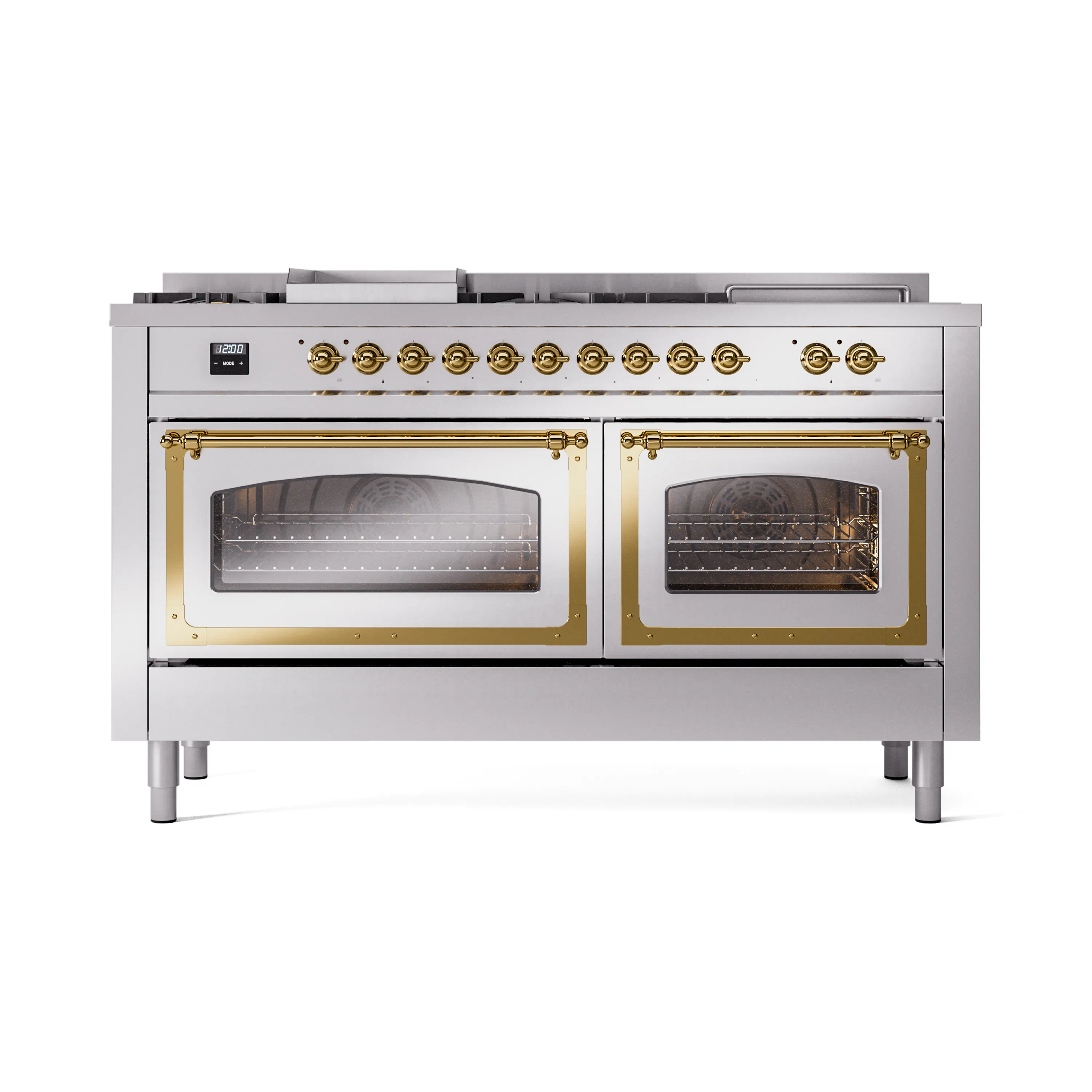 ILVE 60-Inch Nostalgie II Noblesse Propane Gas Dual Fuel Range with 7 Sealed Burners, Griddle, French Top, and Triple Glass Door Oven in Stainless Steel with Brass Trim (UN60FSNMPSSGLP) - Image 2
