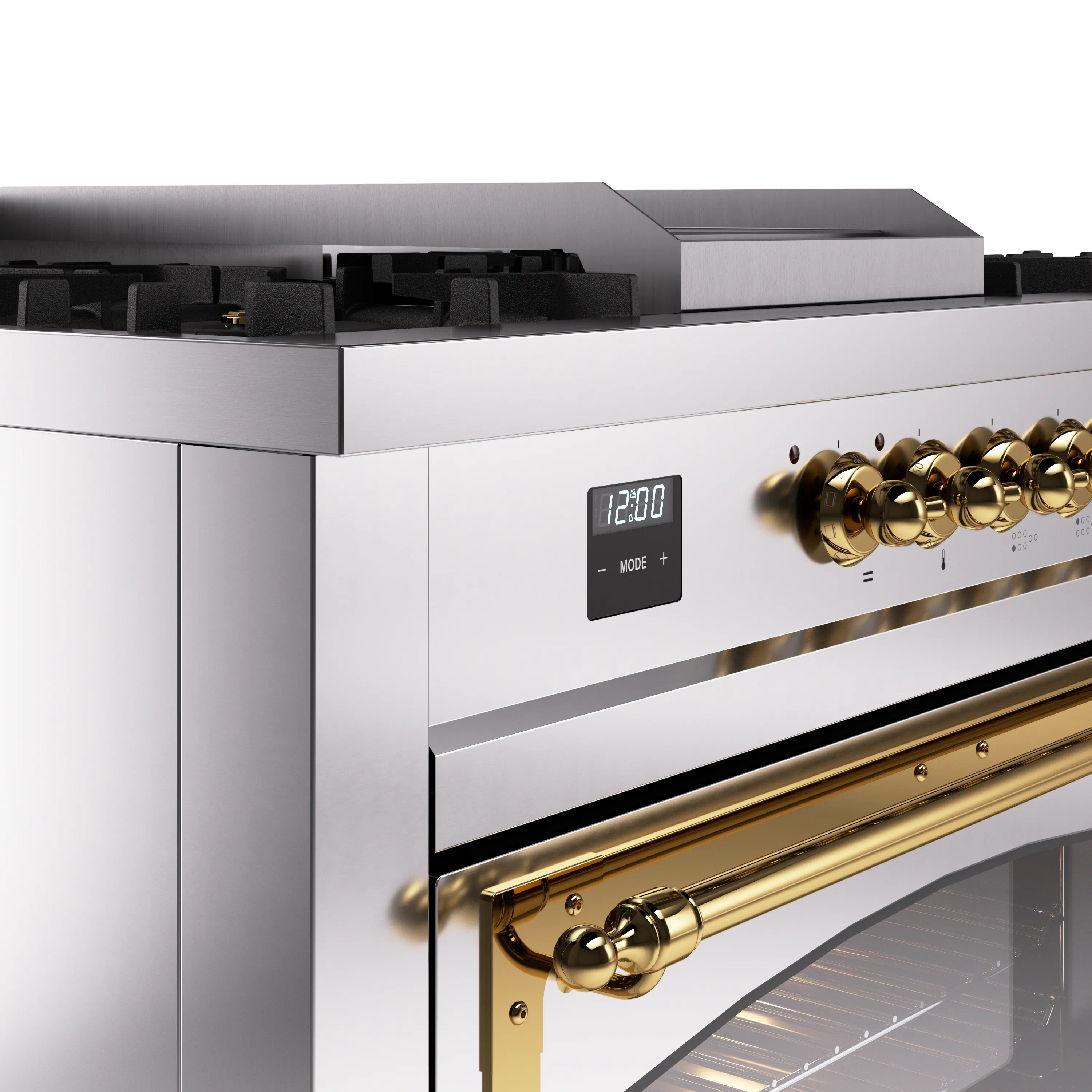 ILVE 60-Inch Nostalgie II Noblesse Propane Gas Dual Fuel Range with 7 Sealed Burners, Griddle, French Top, and Triple Glass Door Oven in Stainless Steel with Brass Trim (UN60FSNMPSSGLP) - Image 3