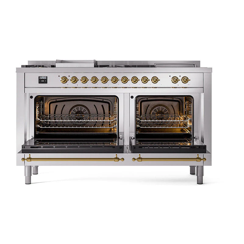 ILVE 60-Inch Nostalgie II Noblesse Propane Gas Dual Fuel Range with 7 Sealed Burners, Griddle, French Top, and Triple Glass Door Oven in Stainless Steel with Brass Trim (UN60FSNMPSSGLP) - Image 5