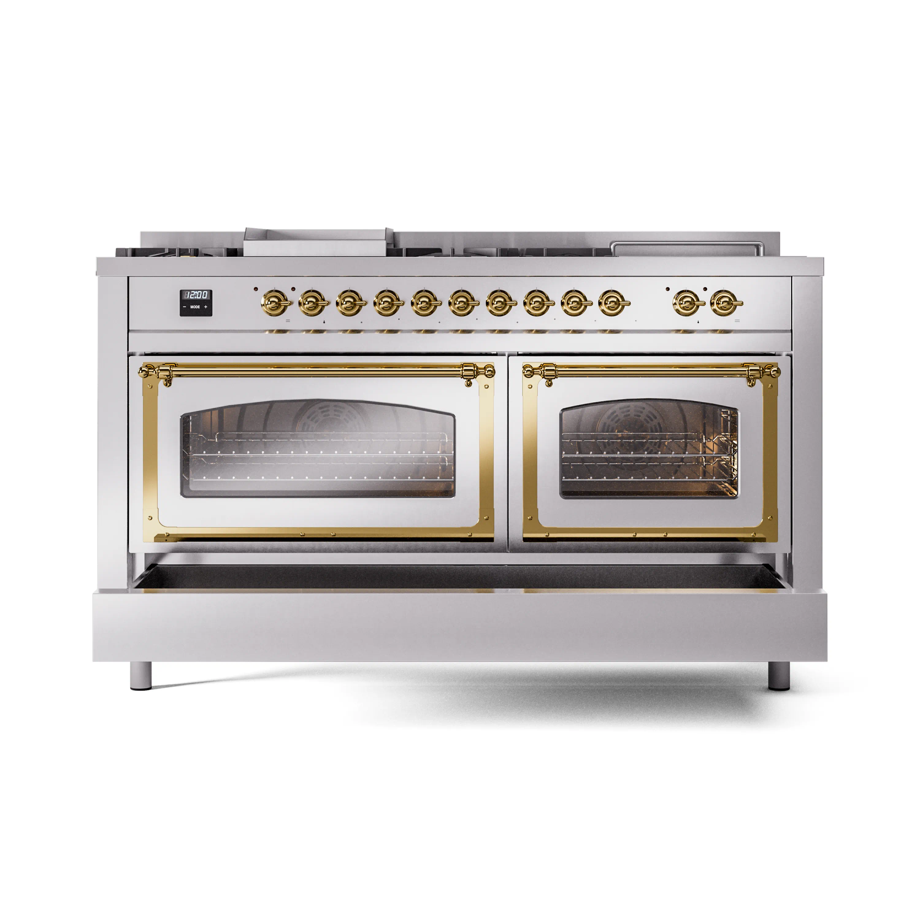 ILVE 60-Inch Nostalgie II Noblesse Propane Gas Dual Fuel Range with 7 Sealed Burners, Griddle, French Top, and Triple Glass Door Oven in Stainless Steel with Brass Trim (UN60FSNMPSSGLP) - Image 6
