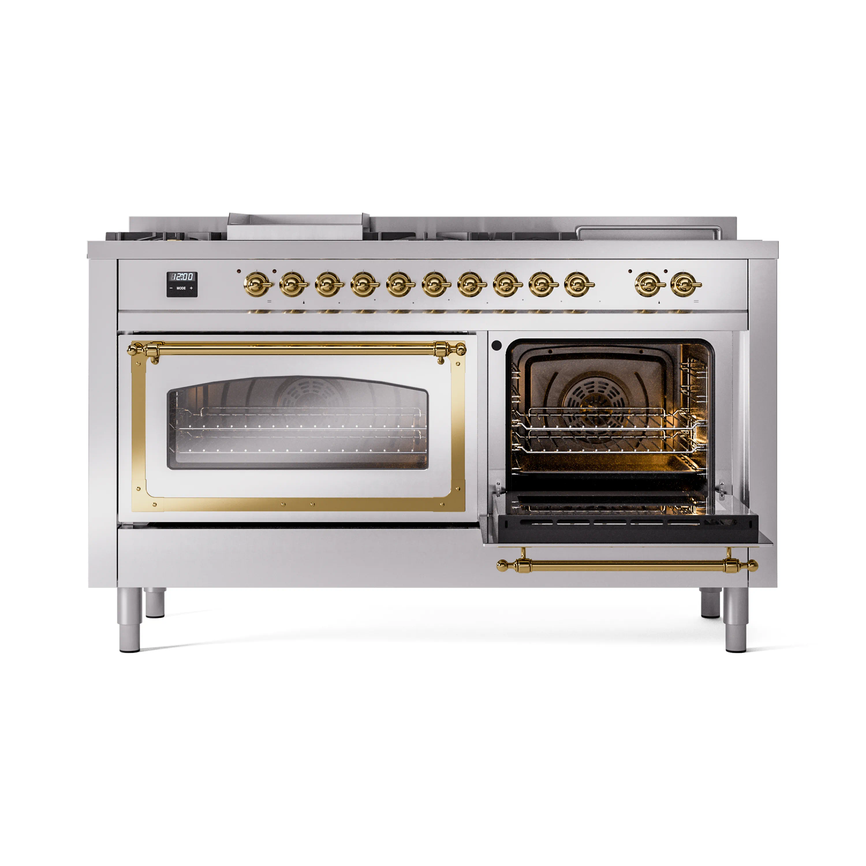 ILVE 60-Inch Nostalgie II Noblesse Propane Gas Dual Fuel Range with 7 Sealed Burners, Griddle, French Top, and Triple Glass Door Oven in Stainless Steel with Brass Trim (UN60FSNMPSSGLP) - Image 7