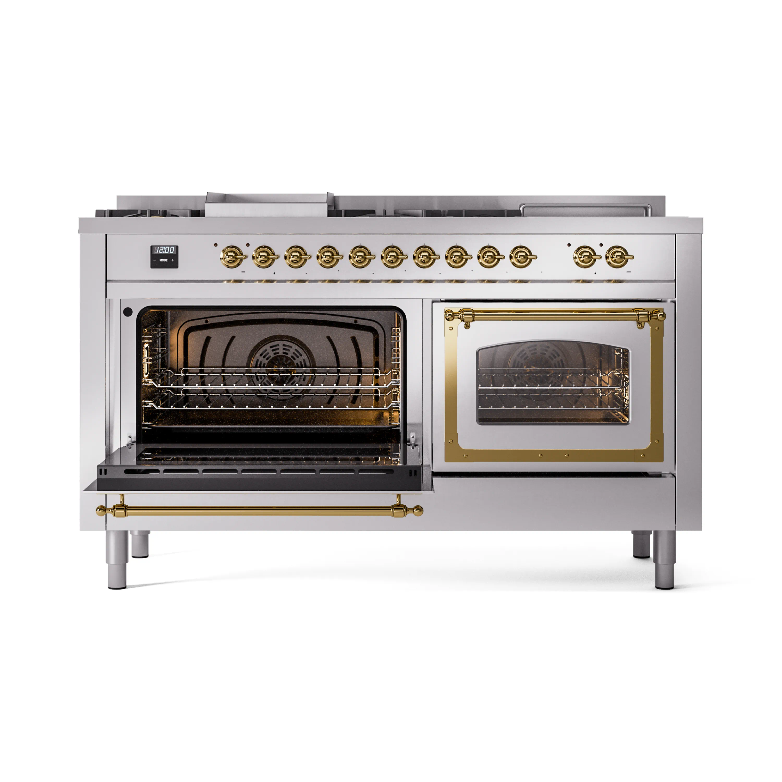 ILVE 60-Inch Nostalgie II Noblesse Propane Gas Dual Fuel Range with 7 Sealed Burners, Griddle, French Top, and Triple Glass Door Oven in Stainless Steel with Brass Trim (UN60FSNMPSSGLP) - Image 8
