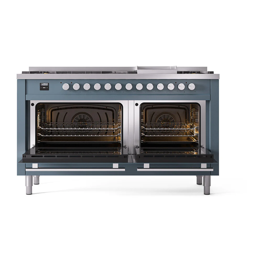 ILVE 60-inch Professional Plus II Natural Gas Dual Fuel Range with 9 Burners, Griddle, and Solid Door Oven in Blue Grey (UP60FQMPBG) - Image 2