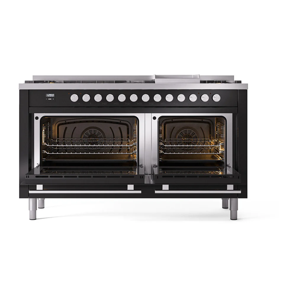 ILVE 60-inch Professional Plus II Natural Gas Dual Fuel Range with 9 Burners, Griddle, and Solid Door Oven in Glossy Black  (UP60FQMPBK) - Image 2