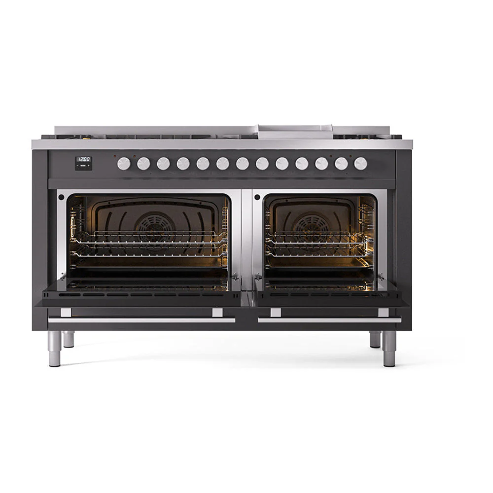 ILVE 60-inch Professional Plus II Natural Gas Dual Fuel Range with 9 Burners, Griddle, and Solid Door Oven in Matte Graphite (UP60FQMPMG) - Image 2
