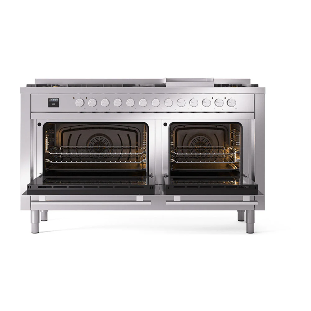 ILVE 60-inch Professional Plus II Natural Gas Dual Fuel Range with 9 Burners, Griddle, and Solid Door Oven in Stainless Steel (UP60FQMPSS) - Image 2