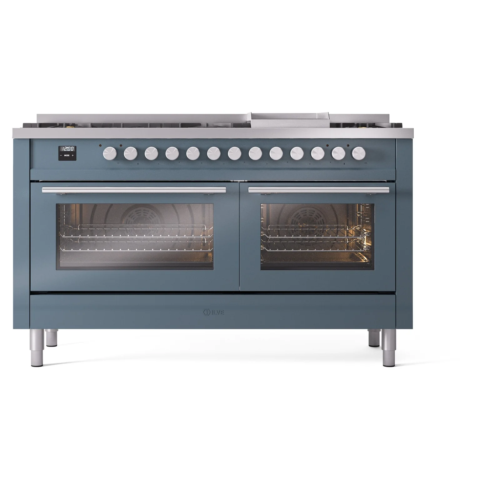 ILVE 60-inch Professional Plus II Natural Gas Dual Fuel Range with 9 Burners, Griddle, and Triple Glass Door Oven in Blue Grey (UP60FWMPBG) - Image 2