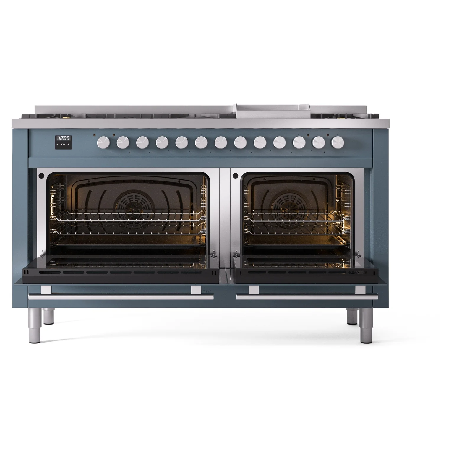 ILVE 60-inch Professional Plus II Natural Gas Dual Fuel Range with 9 Burners, Griddle, and Triple Glass Door Oven in Blue Grey (UP60FWMPBG) - Image 5