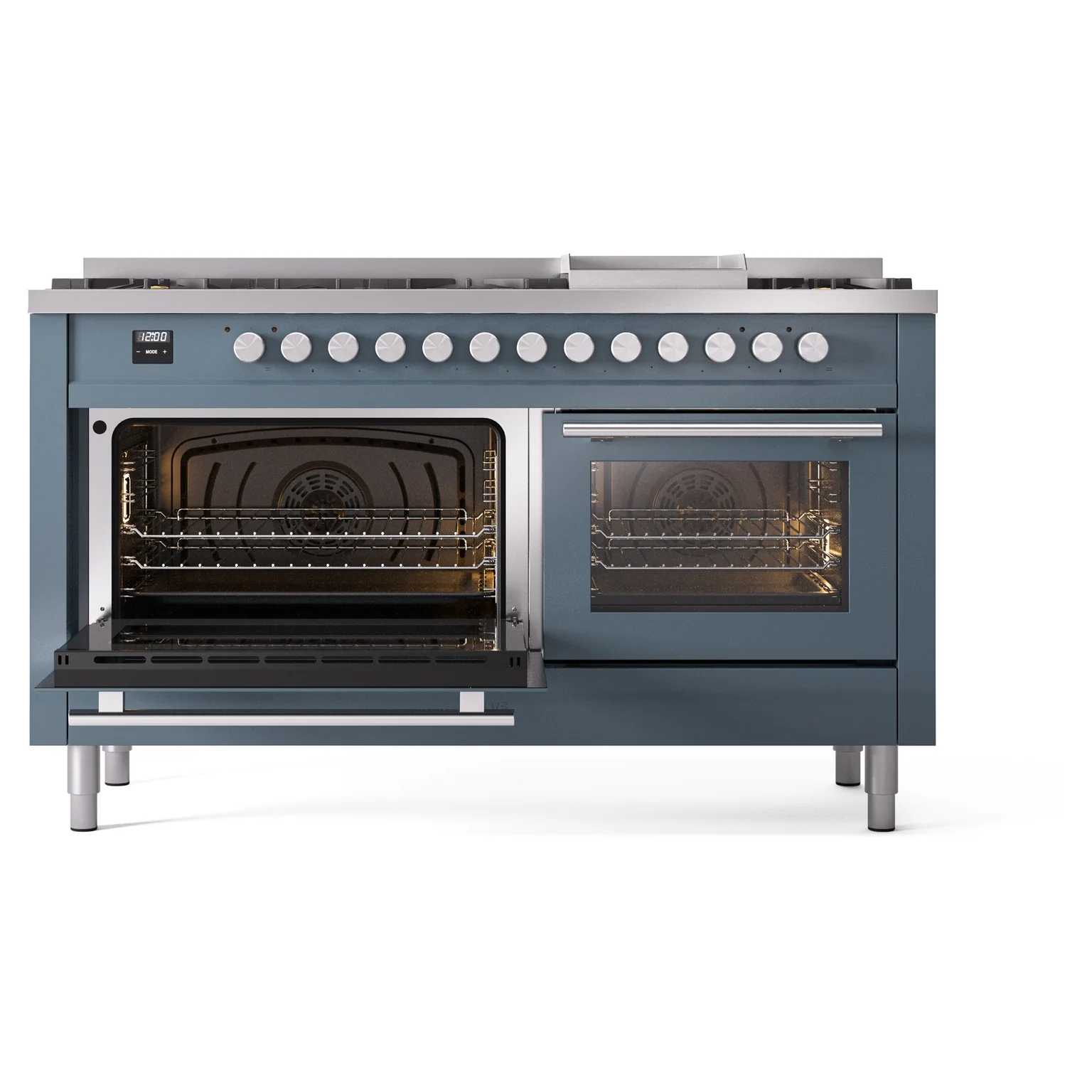 ILVE 60-inch Professional Plus II Natural Gas Dual Fuel Range with 9 Burners, Griddle, and Triple Glass Door Oven in Blue Grey (UP60FWMPBG) - Image 6