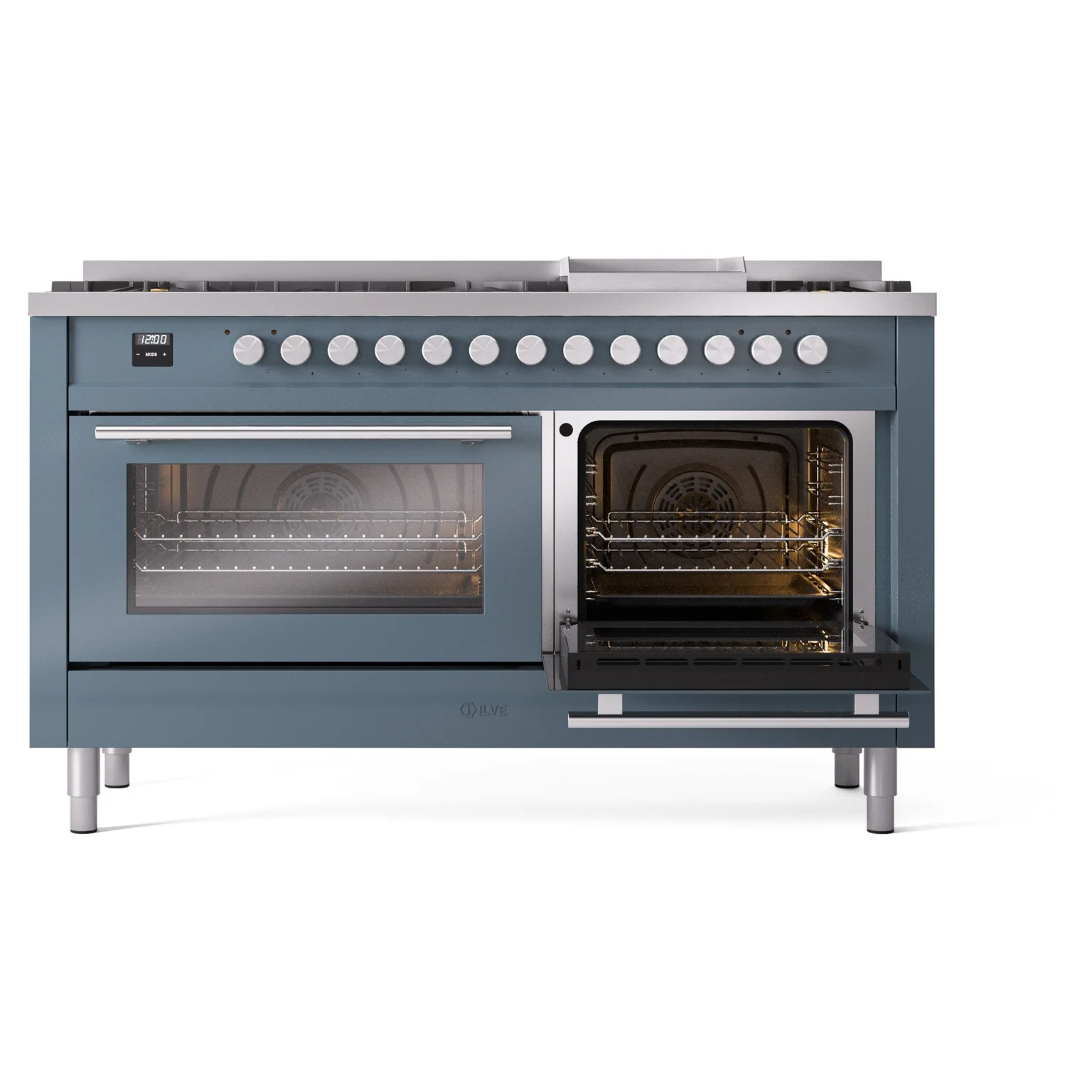 ILVE 60-inch Professional Plus II Natural Gas Dual Fuel Range with 9 Burners, Griddle, and Triple Glass Door Oven in Blue Grey (UP60FWMPBG) - Image 7