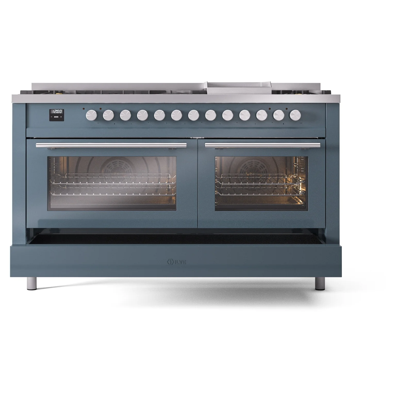 ILVE 60-inch Professional Plus II Natural Gas Dual Fuel Range with 9 Burners, Griddle, and Triple Glass Door Oven in Blue Grey (UP60FWMPBG) - Image 8